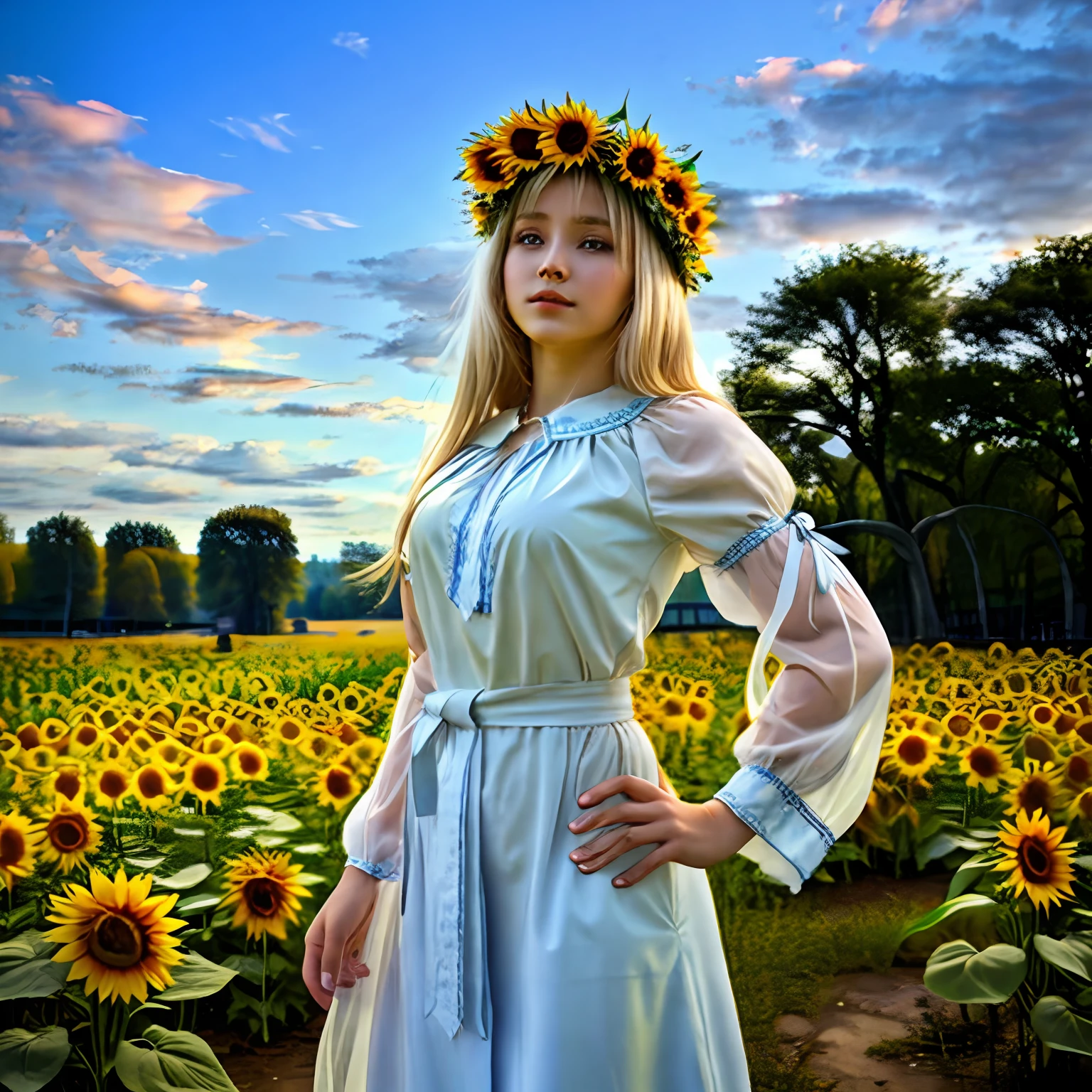 It's a beautiful photo、Against the backdrop of majestic blue sky and majestic clouds、Hall with hands on hips々Young Ukrainian girl standing、platinum-blonde、Gaze looking up at the sky、On the back of her head is the sun,、Her body, hair, And the clothes had a yellow halo against sunlight.、Soft Focus Glow、Blue eyes、Wearing a sunflower wreath、Wearing Ukrainian white national costume、Wear a sunflower-style cloth around your waist、Slender Ukrainian girl with small breasts、In the background is the Taiga Dnipro River.、There is a large forest across the river.、Ukrainian landscape with sunflowers blooming、​masterpiece