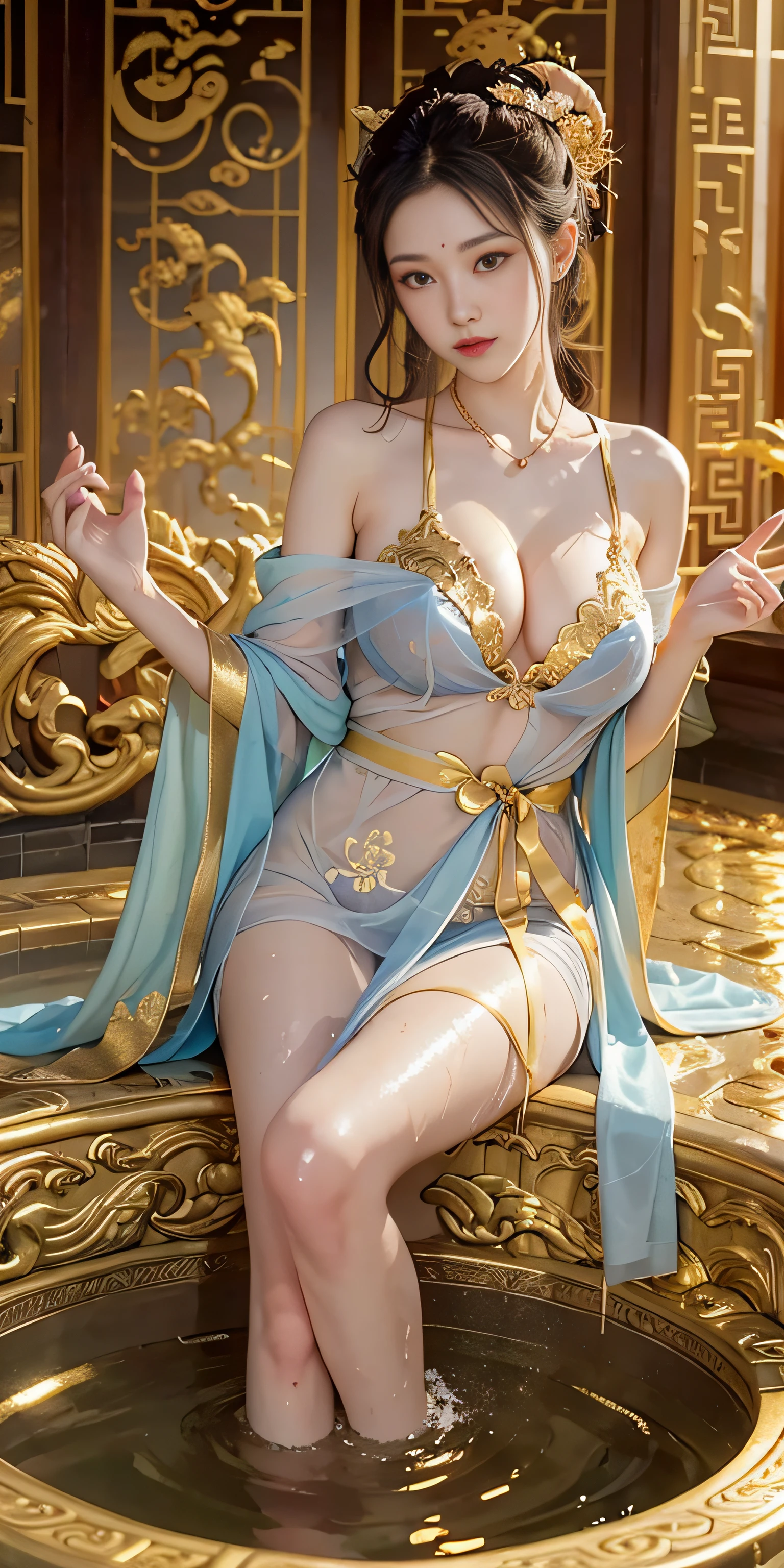 Beauty, sexy, bare breast, cleavage, bare legs, see-through, , Hanfu, wet, clear, realistic, highest detail, Chinese mythology, dragon pattern, phoenix, sacred, holy, countless palaces in the distance, clouds, golden light, golden lotus, huge pool (tianchi bathing), men peeping in the distance