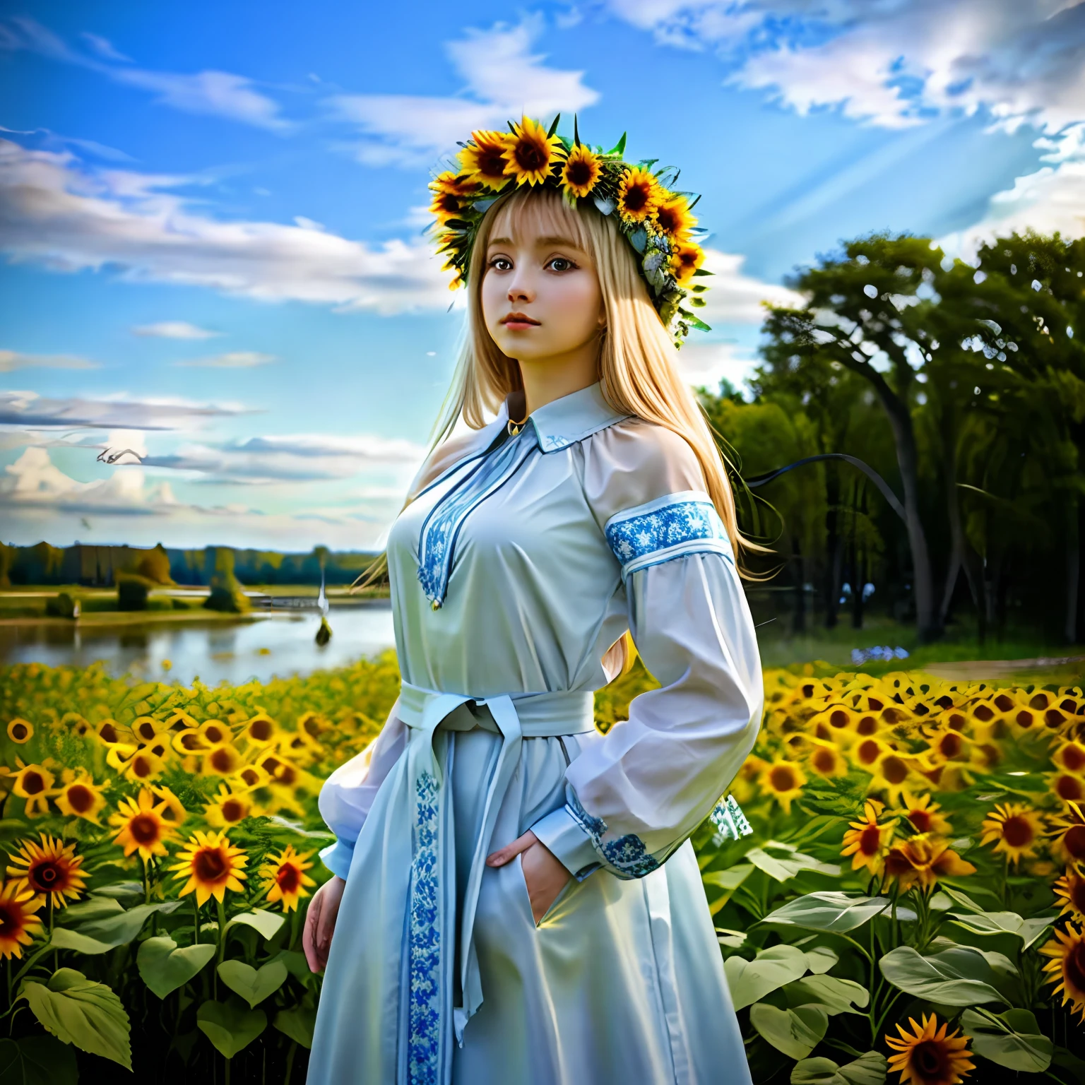 It's a beautiful photo、Against the backdrop of majestic blue sky and majestic clouds、Hall with hands on hips々Young Ukrainian girl standing、platinum-blonde、Gaze looking up at the sky、On the back of her head is the sun,、Her body, hair, And the clothes had a yellow halo against sunlight.、Soft Focus Glow、Blue eyes、Wearing a sunflower wreath、Wearing Ukrainian white national costume、Wear a sunflower-style cloth around your waist、Slender Ukrainian girl with small breasts、In the background is the Taiga Dnipro River.、There is a large forest across the river.、Ukrainian landscape with sunflowers blooming、​masterpiece