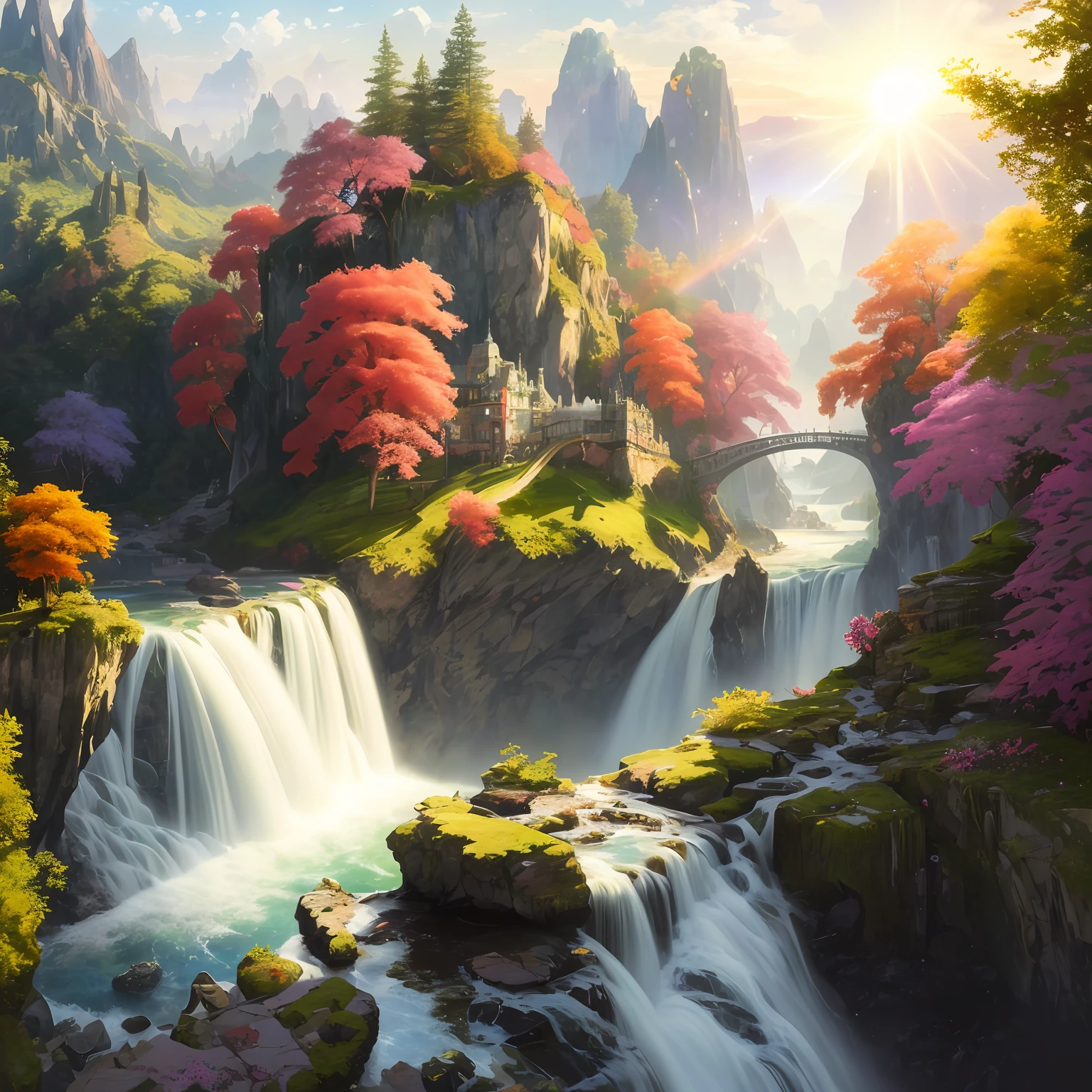 analog style,ChromaV5,nvinkpunk,(extremely detailed CG unity 8k wallpaper),A Illustration of a bright and majestic waterfall cascading down a rocky cliff, illuminated by the shining sun, The water sparkles as it falls, casting a rainbow of colors, the surrounding landscape is lush and verdant, with tall trees and wildflowers,award winning photography, Chromatic Aberration; Geometric Shapes; Bokeh, Depth of Field, Photorealistic, Detailed, Bloom, HDR , oil painting by John Singer Sargent, Frederic Church, and Thomas Moran,trending on ArtStation, trending on CGSociety, art by midjourney