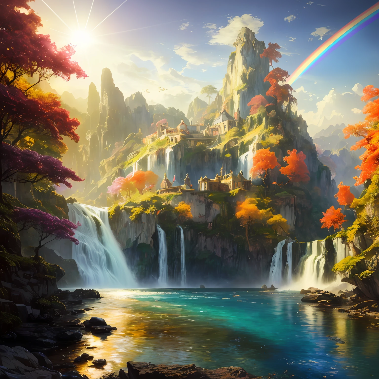 analog style,ChromaV5,nvinkpunk,(extremely detailed CG unity 8k wallpaper),A Illustration of a bright and majestic waterfall cascading down a rocky cliff, illuminated by the shining sun, The water sparkles as it falls, casting a rainbow of colors, the surrounding landscape is lush and verdant, with tall trees and wildflowers,award winning photography, Chromatic Aberration; Geometric Shapes; Bokeh, Depth of Field, Photorealistic, Detailed, Bloom, HDR , oil painting by John Singer Sargent, Frederic Church, and Thomas Moran,trending on ArtStation, trending on CGSociety, art by midjourney