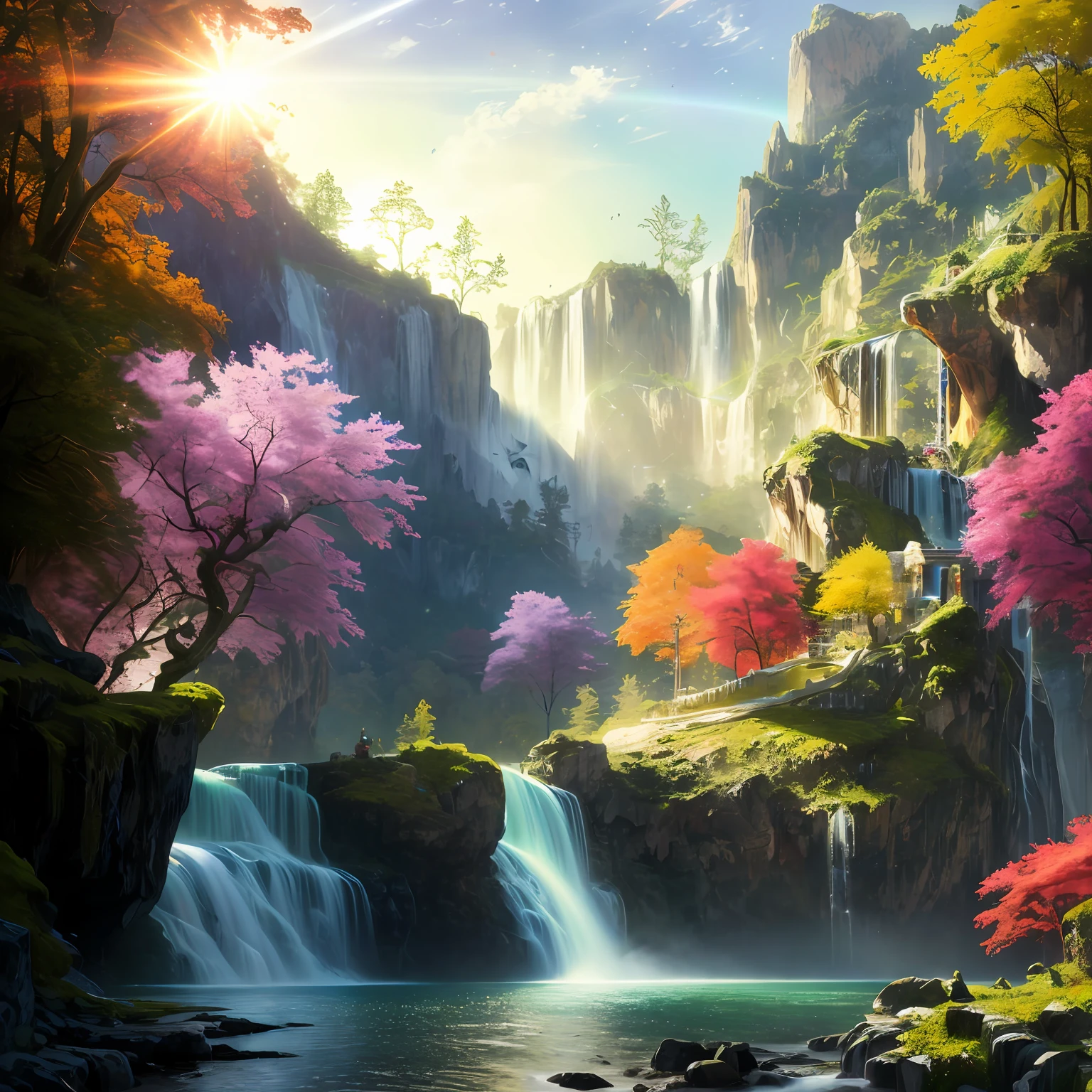 analog style,ChromaV5,nvinkpunk,(extremely detailed CG unity 8k wallpaper),A Illustration of a bright and majestic waterfall cascading down a rocky cliff, illuminated by the shining sun, The water sparkles as it falls, casting a rainbow of colors, the surrounding landscape is lush and verdant, with tall trees and wildflowers,award winning photography, Chromatic Aberration; Geometric Shapes; Bokeh, Depth of Field, Photorealistic, Detailed, Bloom, HDR , oil painting by John Singer Sargent, Frederic Church, and Thomas Moran,trending on ArtStation, trending on CGSociety, art by midjourney