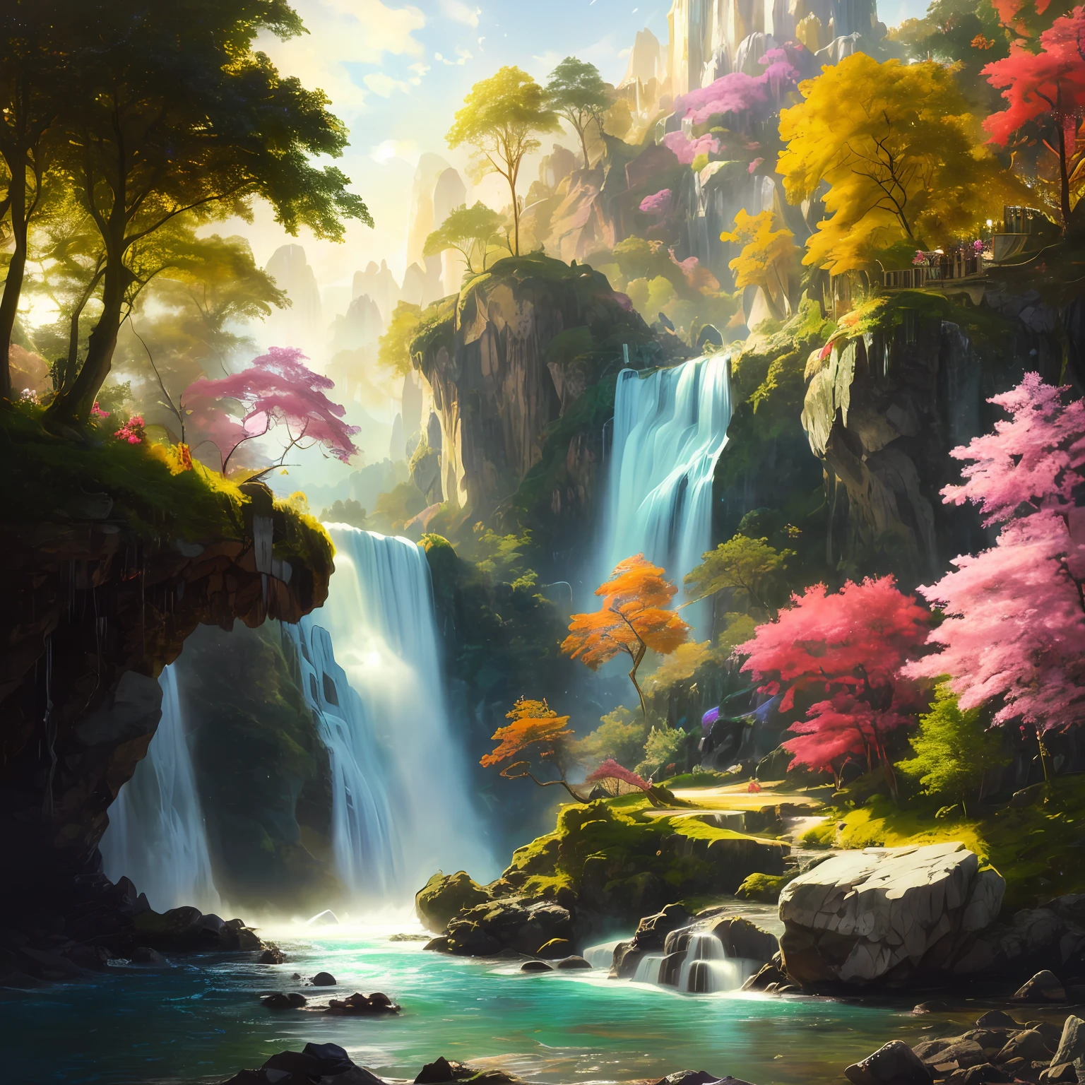 analog style,ChromaV5,nvinkpunk,(extremely detailed CG unity 8k wallpaper),A Illustration of a bright and majestic waterfall cascading down a rocky cliff, illuminated by the shining sun, The water sparkles as it falls, casting a rainbow of colors, the surrounding landscape is lush and verdant, with tall trees and wildflowers,award winning photography, Chromatic Aberration; Geometric Shapes; Bokeh, Depth of Field, Photorealistic, Detailed, Bloom, HDR , oil painting by John Singer Sargent, Frederic Church, and Thomas Moran,trending on ArtStation, trending on CGSociety, art by midjourney