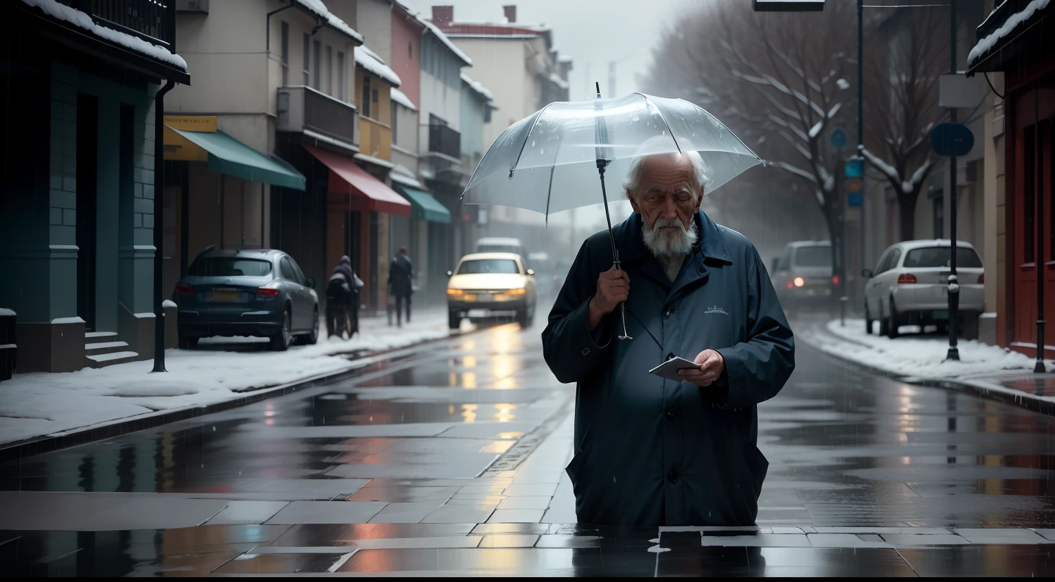 "Imagine a melancholy and touching scene of a lonely old man in a rainy spot. Develop an image that conveys the loneliness and nostalgia of this elderly person in the rain. Detail the tired expression on his wrinkled face, as gotas de chuva escorrendo por seu rosto e as roupas encharcadas. Retrate o ambiente chuvoso, com ruas vazias e luzes fracas, to emphasize the feeling of isolation. Use shades of gray and blue to create a nostalgic and reflective atmosphere. Combine a imagem com um toque de serenidade, representing the ability of the elderly to find calm and inner peace even in lonely moments.” --auto