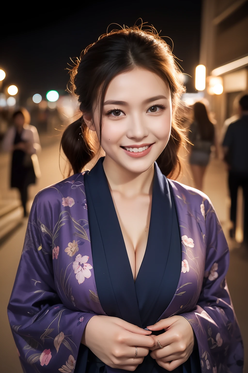(8K, Raw photography, Top image quality, alta resolução: 1.1), (Hyperrealistic:1.4), (Realstic, photorealestic:1.3), Soft light, A beautiful woman with perfect body: 1.4, (Slender Abs Beauty: 1.4), ((Brown hair、low short twintails、 HugeBoobs: 1.2)), Underage girls, Lori, HugeBoobs, big eye, Pupil highlights, pronounced double eyelids, eyelash, break,(cow-boy shot;1.5),(Japan Traditional Summer Kimono:1.4,Vivid and detailed floral pattern、Bright purple navy blue fabric),squatting open legs、cleavage of the breast、lifelike face, Realistic body, lifelike skin, absurdist, 巨作, shinny skin、Beautiful delicate face、sexy facial expression、Coquettish smile、happy smiling、Lustrous、Highly detailed facial and skin texture、cute faces、URZAN-6500-v1.1,Street at night
