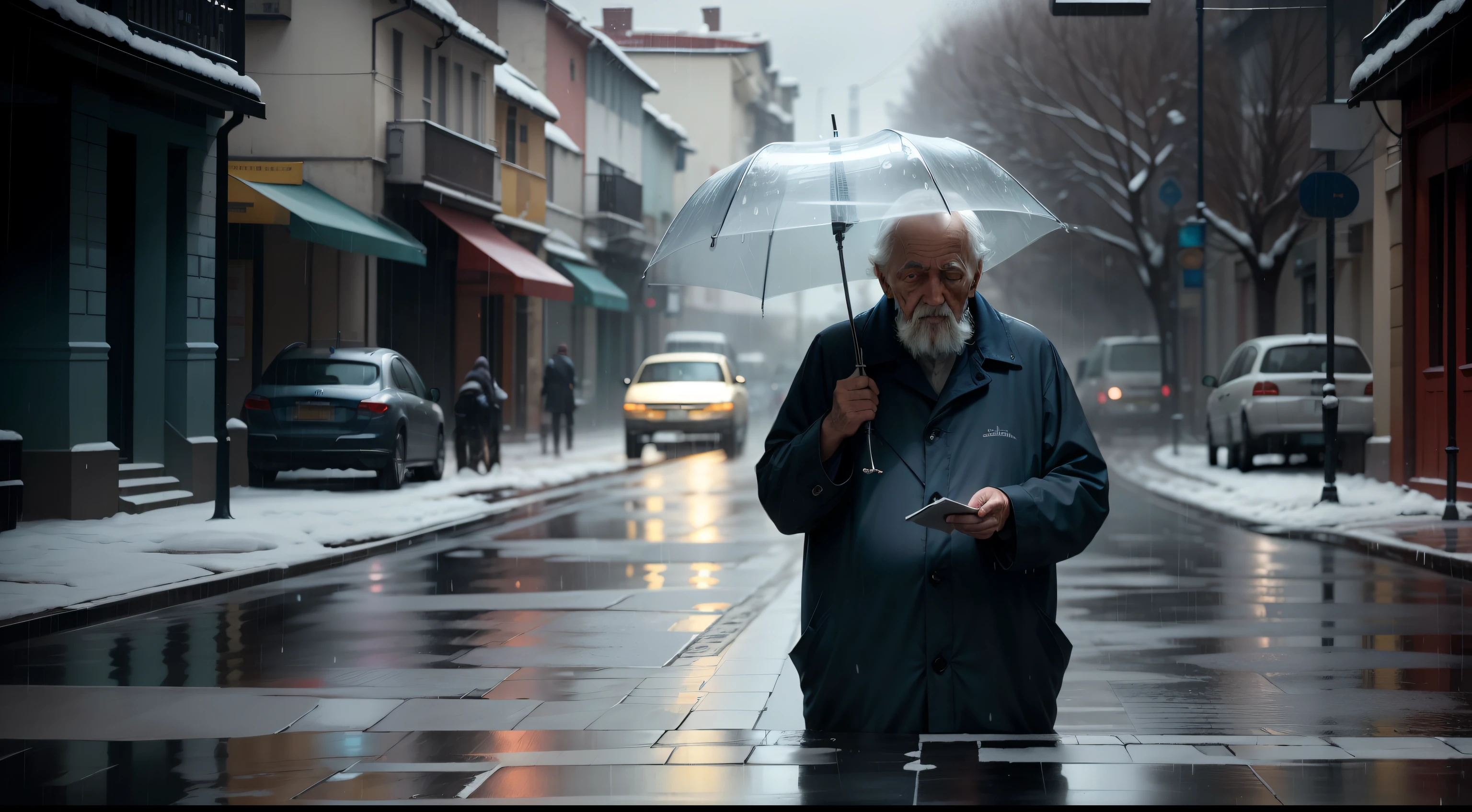 "Imagine a melancholy and touching scene of a lonely old man in a rainy spot. Develop an image that conveys the loneliness and nostalgia of this elderly person in the rain. Detail the tired expression on his wrinkled face, as gotas de chuva escorrendo por seu rosto e as roupas encharcadas. Retrate o ambiente chuvoso, com ruas vazias e luzes fracas, to emphasize the feeling of isolation. Use shades of gray and blue to create a nostalgic and reflective atmosphere. Combine a imagem com um toque de serenidade, representing the ability of the elderly to find calm and inner peace even in lonely moments.” --auto