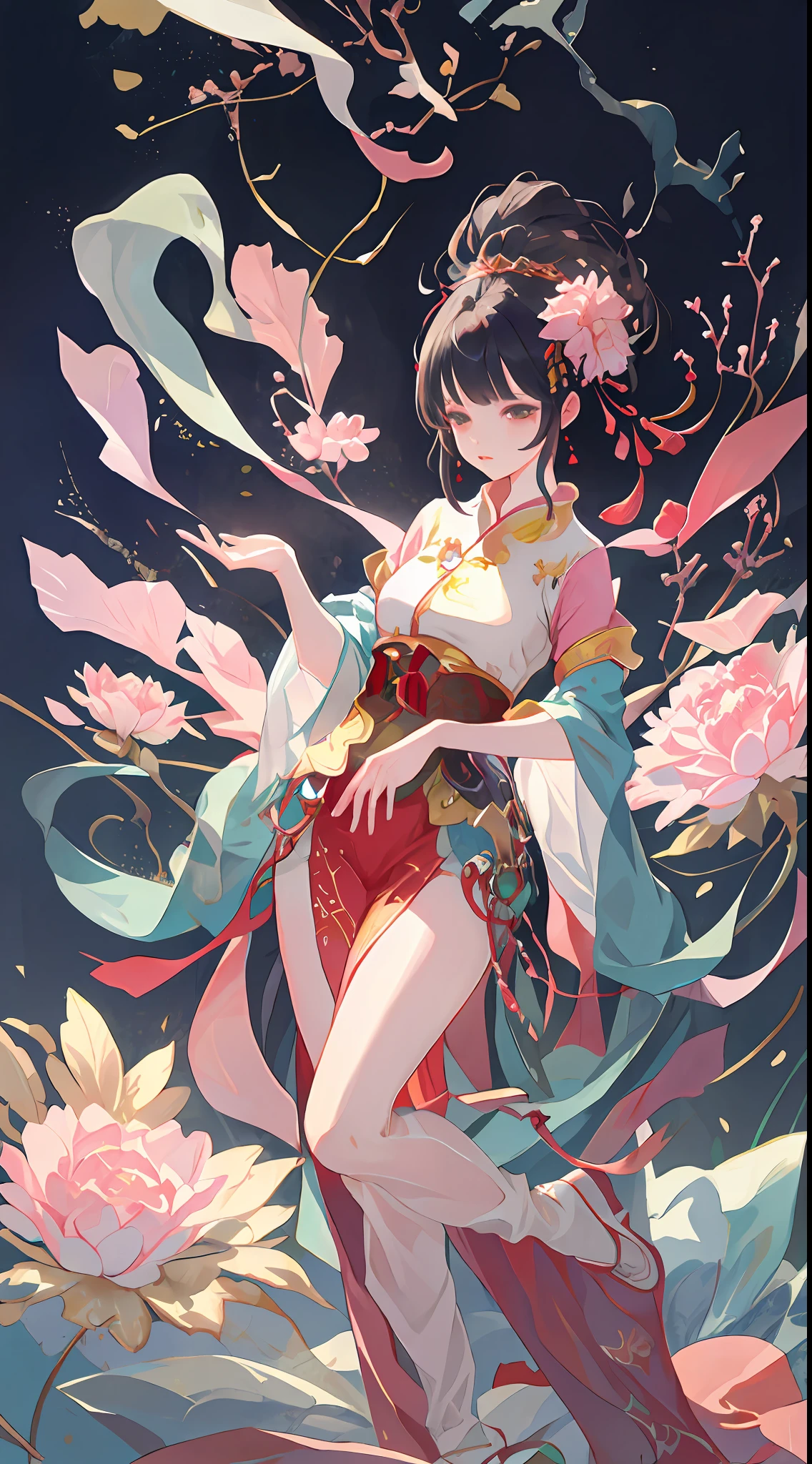 A beautiful girl in ancient China, aloof temperament, rose red long dress, huge plum blossoms, standing under a tree, sunshine, clear face, masterpiece, super detailed, epic composition, high quality, highest quality, 4k --v 6
