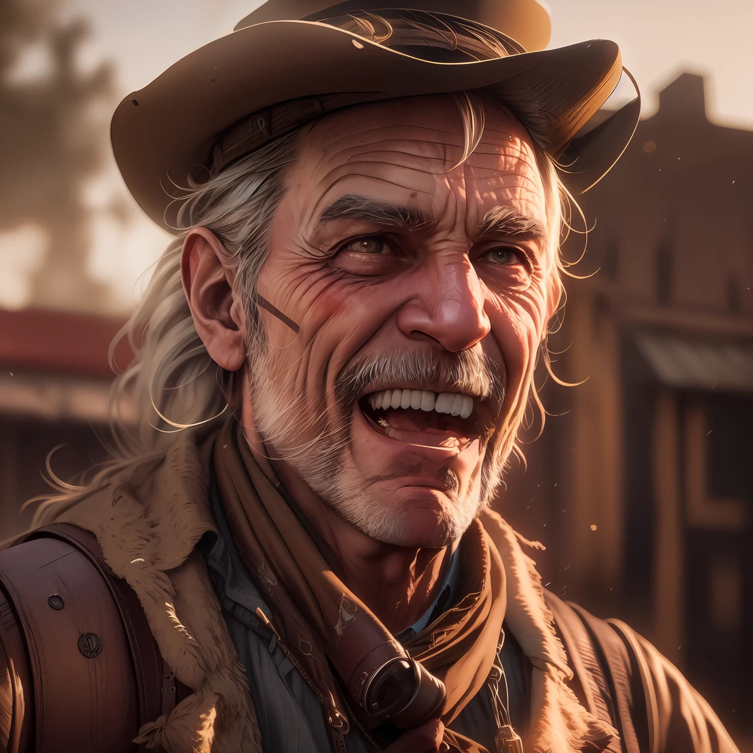 STYLE; very ugly old man, with scar on his face, wrinkled skin, smiling, mouth wide open and some teeth missing, saliva flies from his mouth, flies flying around him, Bang Bang movie style from American Wild West. IMAGE QUALITY; 8k resolution, hyper realistic, ray tracing, HDR10, IMAGE FILTER; Chamber of 1998. GENDER; Old movie. TREND; Artwork from Red Dead Redemption 2. TAGS; Close-up cinematic framing. CAMERA; Red Dragon 8k camera. FOCAL LENGTH; 23 mm wide lens. SHOT TYPE; wide shot. COMPOSITION; Low angle. LIGHTING; Sky light backlight, realistic photo, mist in the air. TIME OF DAY; Golden hour. TYPE OF LOCATION; Street with Old West themed houses.