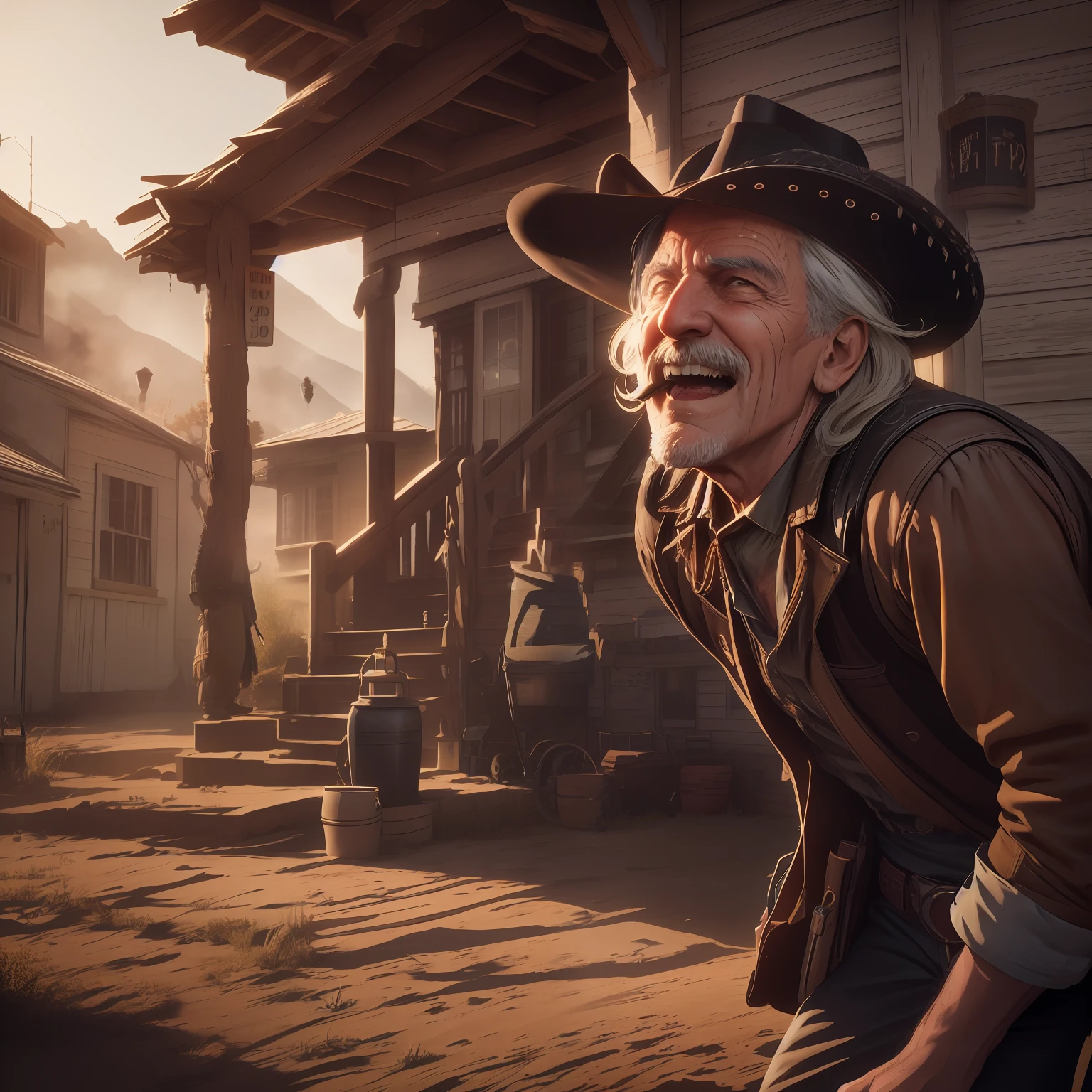 STYLE; very ugly old man, with scar on his face, wrinkled skin, smiling, mouth wide open and some teeth missing, saliva flies from his mouth, flies flying around him, Bang Bang movie style from American Wild West. IMAGE QUALITY; 8k resolution, hyper realistic, ray tracing, HDR10, IMAGE FILTER; Chamber of 1998. GENDER; Old movie. TREND; Artwork from Red Dead Redemption 2. TAGS; Close-up cinematic framing. CAMERA; Red Dragon 8k camera. FOCAL LENGTH; 23 mm wide lens. SHOT TYPE; wide shot. COMPOSITION; Low angle. LIGHTING; Sky light backlight, realistic photo, mist in the air. TIME OF DAY; Golden hour. TYPE OF LOCATION; Street with Old West themed houses.