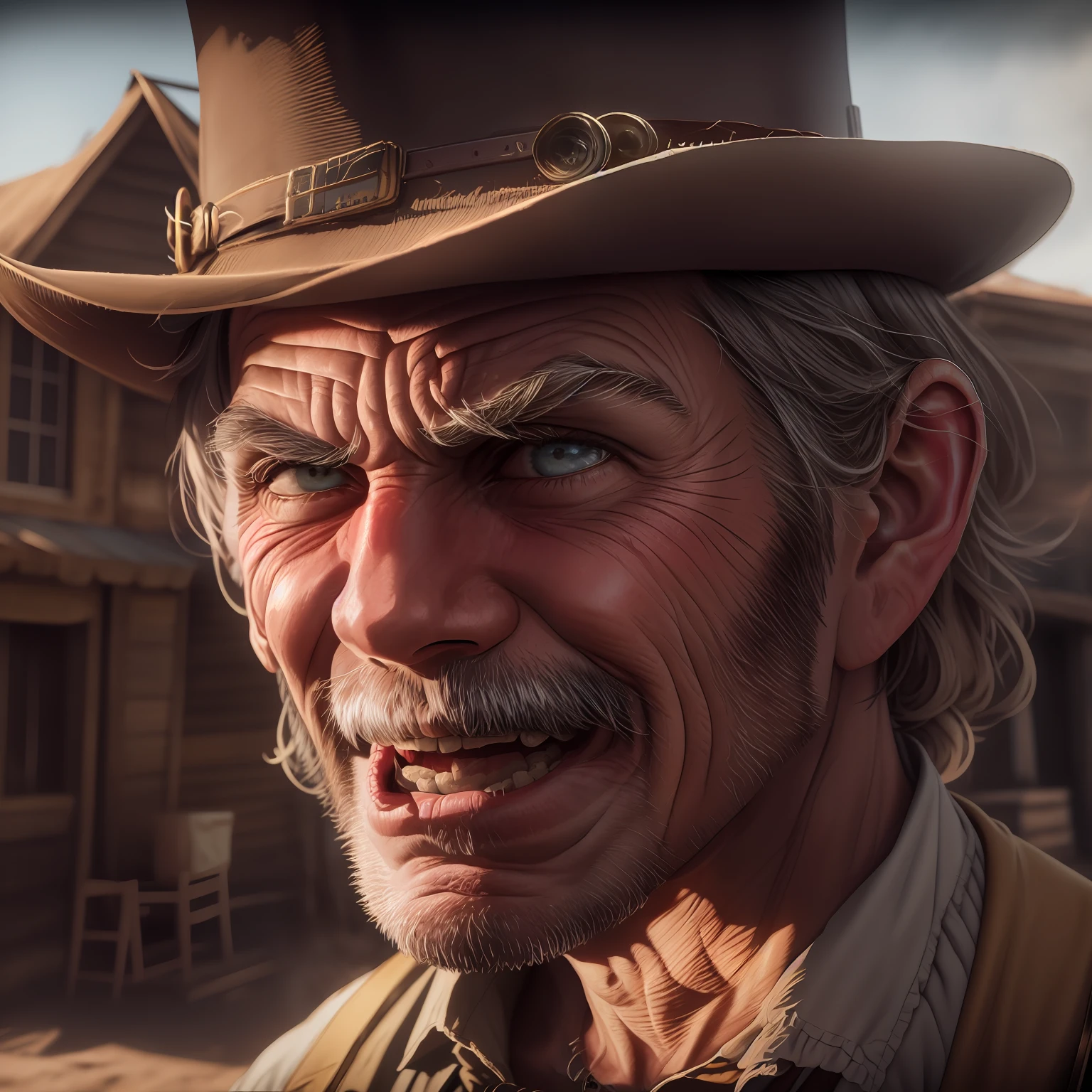 STYLE; very ugly old man, with scar on his face, wrinkled skin, smiling, mouth wide open and some teeth missing, saliva flies from his mouth, flies flying around him, Bang Bang movie style from American Wild West. IMAGE QUALITY; 8k resolution, hyper realistic, ray tracing, HDR10, IMAGE FILTER; Chamber of 1998. GENDER; Old movie. TREND; Artwork from Red Dead Redemption 2. TAGS; Close-up cinematic framing. CAMERA; Red Dragon 8k camera. FOCAL LENGTH; 23 mm wide lens. SHOT TYPE; wide shot. COMPOSITION; Low angle. LIGHTING; Sky light backlight, realistic photo, mist in the air. TIME OF DAY; Golden hour. TYPE OF LOCATION; Street with Old West themed houses.