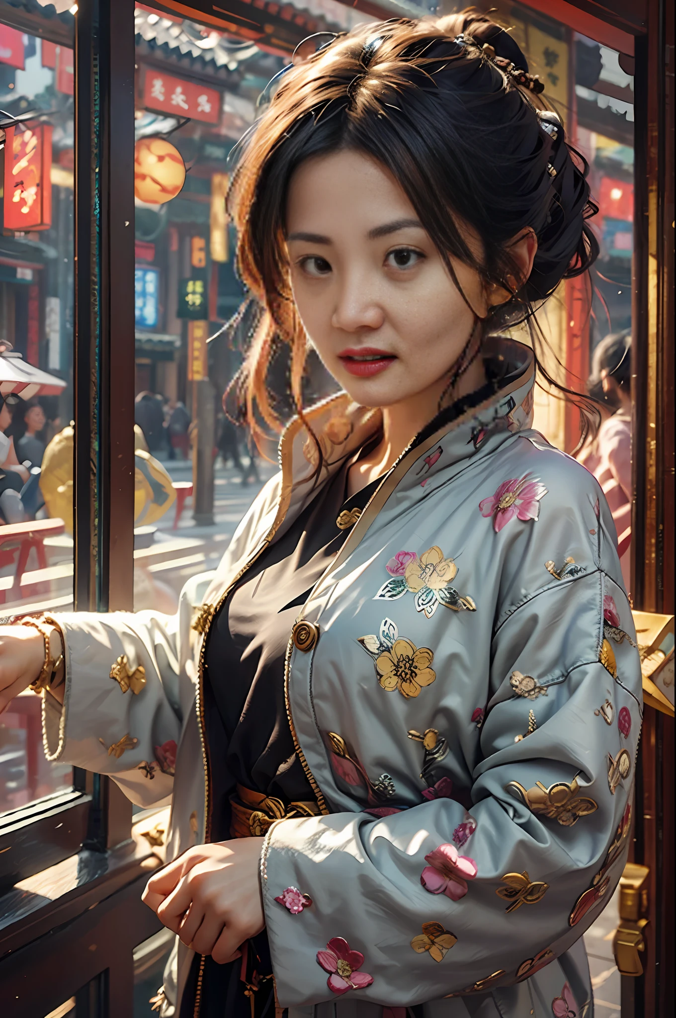 best qualtiy，tmasterpiece，超高分辨率，（realisticlying：1.4），xiuxian，arma，详细的脸，.1girll，独奏，arma，，（Magic Circles：1.2），xiuxian，The upper part of the body，a beauty girl，30 age old，east asian architecture，jacket，buliding，.