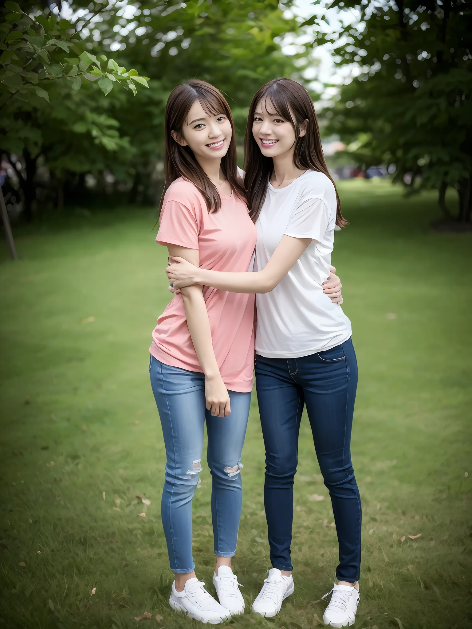 (超高分辨率,RAW photogr,realisticlying,tmasterpiece,best qualtiy:1.4),Complicated details,2 20 year old Korean girl,Wear a loose black T-shirt and skinny jeans,Stand on the grass and take pictures,hugs,Intimate relationships,Detailed meadow,A sweet smile on a small face,Ultra-realistic facial details,The face and skin are pink and white, and luminous,Playful and coquettish pose,The calves are straight and slender:1.2,Wear high-end brand sneakers:1.0,eventide:0.3,Broad lighting,naturalshadow:1.0,超高分辨率,taking a full body photo:1.8 --auto