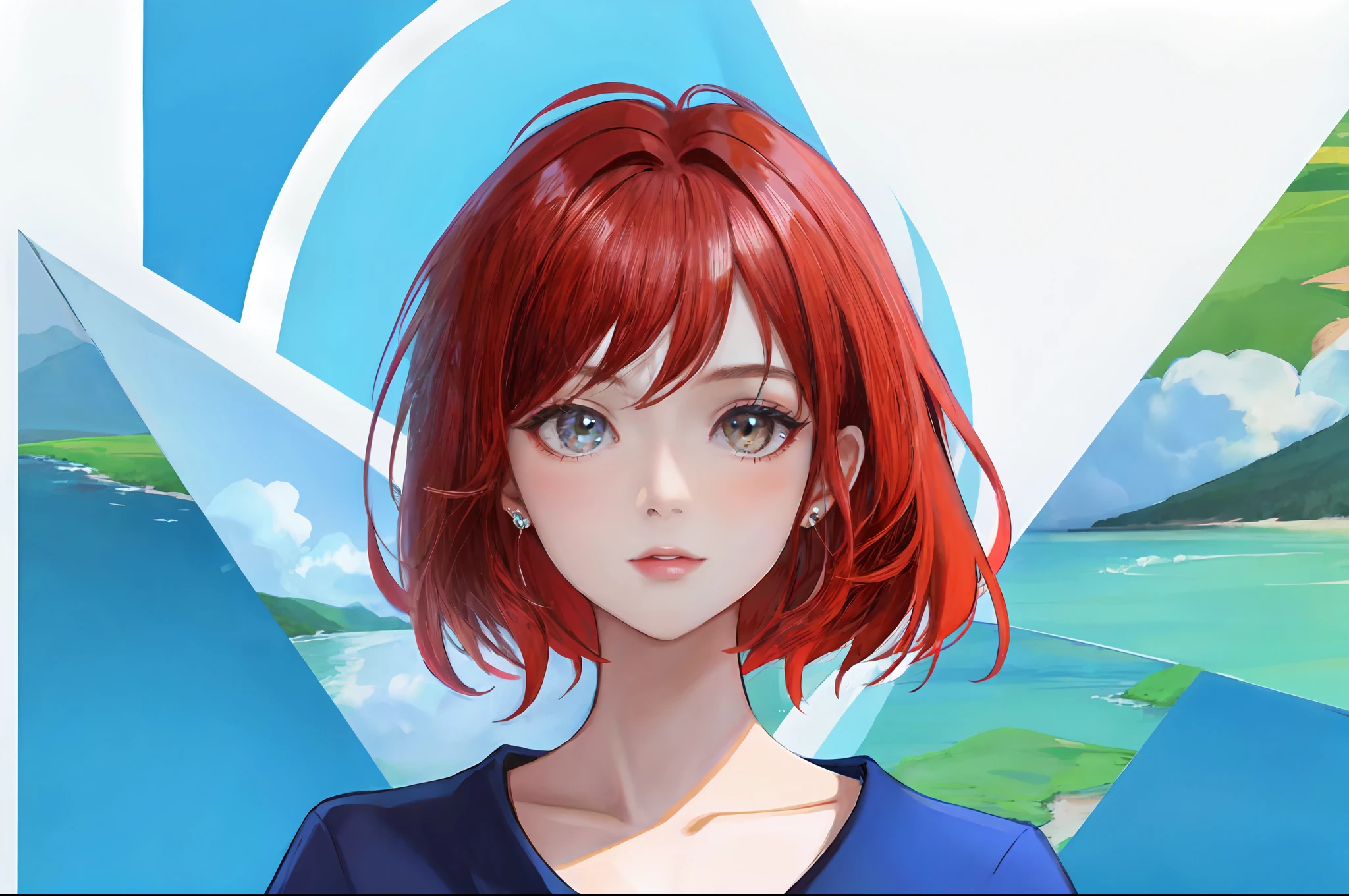 there is a young woman with a short hair and a blue shirt, a redheaded young woman, perfectly centered portrait, 7 0 mm portrait, red haired young woman, 4 k asymmetrical portrait, head centered portrait, landscape