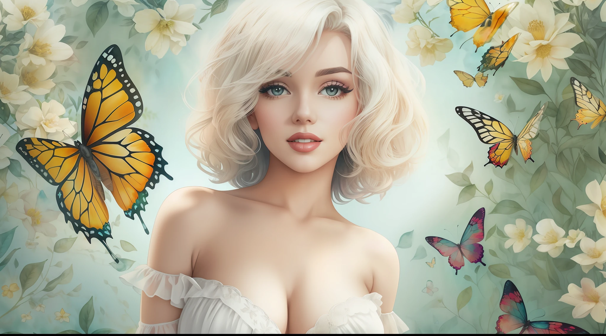 Marilyn Monroe stechu , posing on the groung ,full body, sexy lingerie, (white background:1.4), off shoulder, ((tachi-e)), original,(illustration:1.1),(best quality),(masterpiece:1.1),(extremely detailed CG unity 8k wallpaper:1.1), (colorful:0.9),(panorama shot:1.4),(solo:1.2), (ink splashing),(color splashing),((watercolor)), clear sharp focus,{ 1girl standing },,flower background, outdoors, lilyes, see trough butterflies background, , looking at viewer, make happy expressions,soft smile,pure,beautyfull detailed face and eyes,beautyfull intricacy clothing decorative pattern details, black hair,black eyes,colorwater