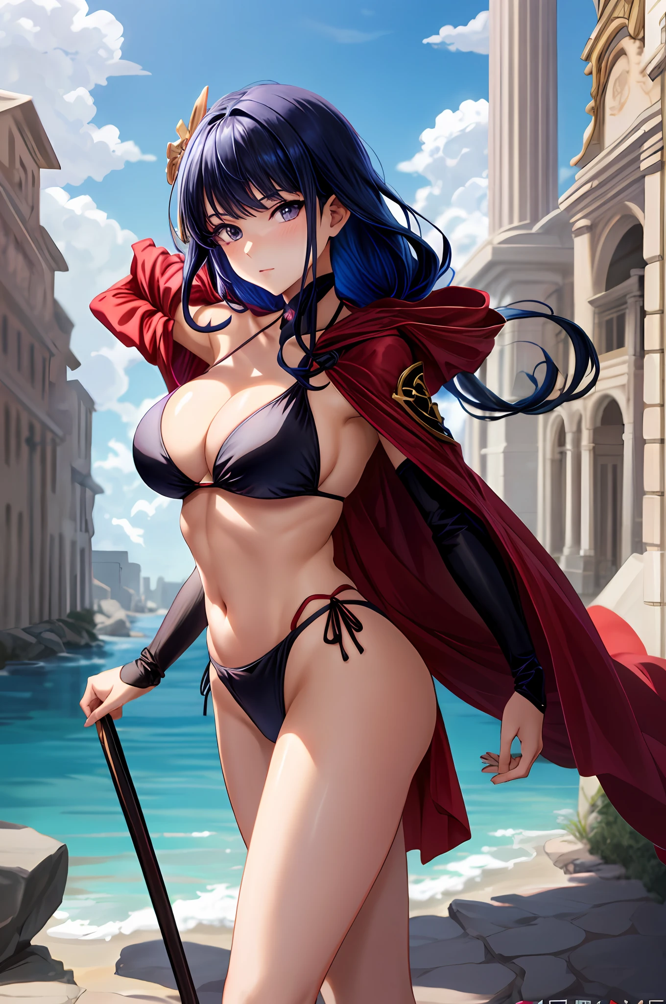 Anime - Style image of a sexy woman in a black bikini and a red cape, seductive anime girls, Extremely detailed Artgerm, Range Murata and Artgerm, beautiful and seductive anime woman, black-haired mage, IG model | Art germ, Guviz-style artwork, Style Artgerm, in a bathing suit