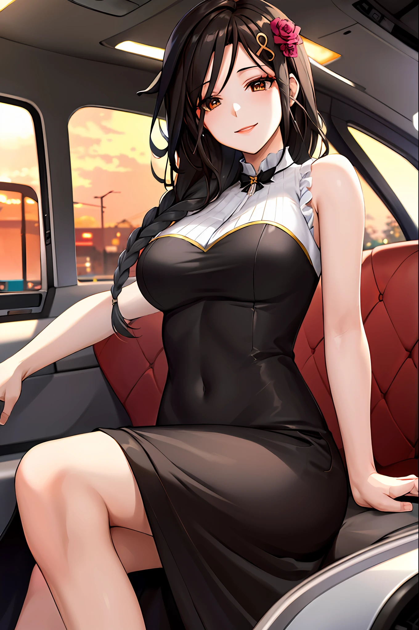 masterpiece, best quality, highres, st1, braid, hair ornament, black dress, hair flower, side slit, large breasts, long dress, sleeveless, cowboy shot, vehicle interior, sitting, smile