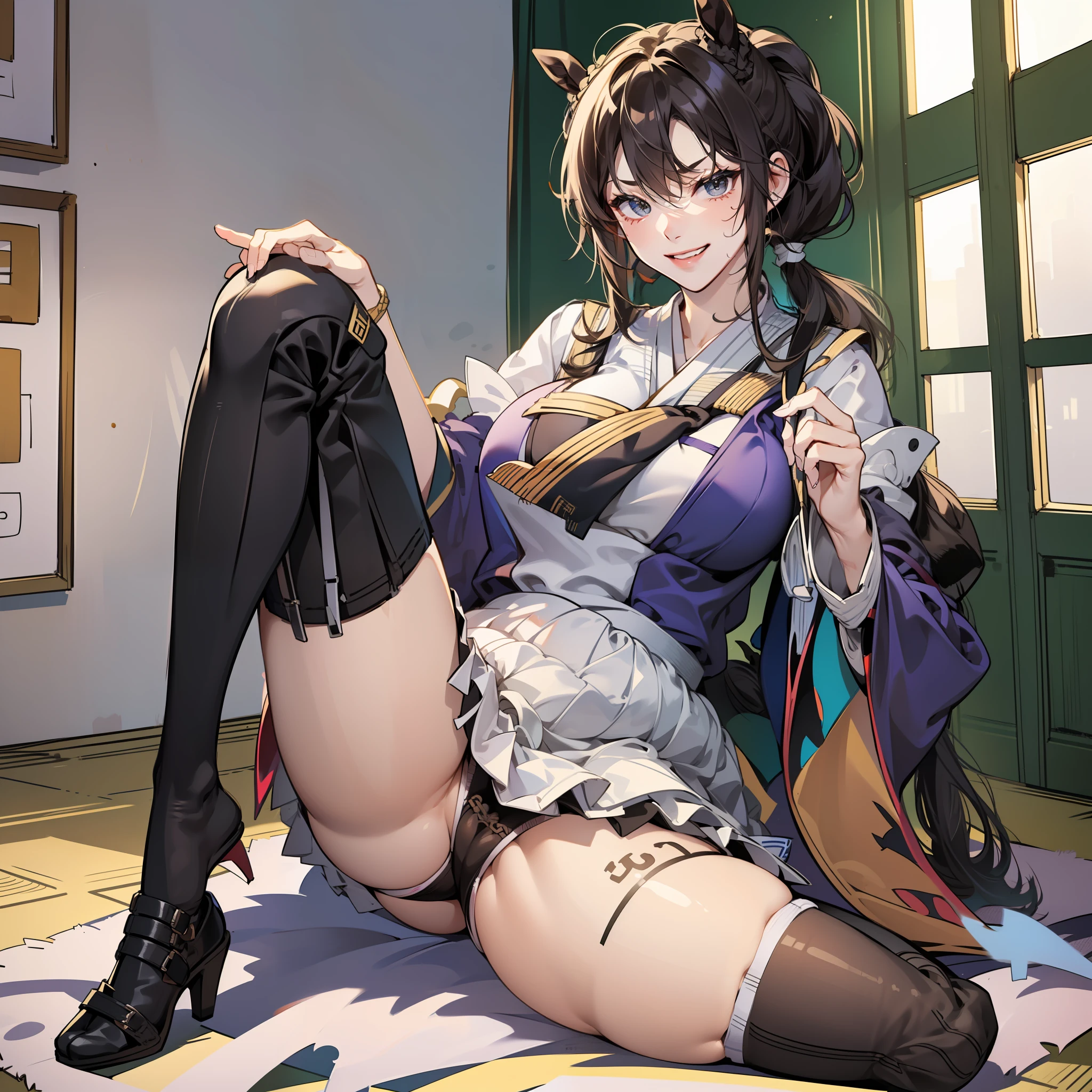 ((masterpiece、top-quality))、(Full body drawing:2)、Sit in front of the camera、Frontal shot、独奏、one girls、stairs at school、Classroom、sit in、(M-shaped legs:1.6)、Sit with your legs open、I can see my panties、sexy panty、Black sexy underwear、String panties、Clothes that are see-through with sweat、Perfect body、Mature look、tall、Tall Beauty、face perfect、Cute and beautiful face、Cute and beautiful girl、Elaborate and detailed faces、Beautiful hair、A dark-haired、(poneyTail:2.3)、Long hair that reaches to the waist、japanes、18year old、Dressing、(校服:2)、(student clothes:1.5)、White and black sailor suit、a sailor suit、Detailed and elaborate costumes、pleatedskirt、Detailed and elaborate costumes with beautiful frills、a miniskirt、(knee high socks:1.3)、Black socks、(garterbelts:1.8)、high-heels、hi-school girl、(Mean and evil smile:1.3)、Lightly open lips、Moist eyes、wide Shots、full-shot、constricted hips、thin-waist、clong legs、Beautiful feet、Skinny Legs、thick thight、(Huge ass:1.2)、perfect buttocks、perfect chest、See-through Valley、Bust with tension、Bust sticking to costume、(large full breasts)、