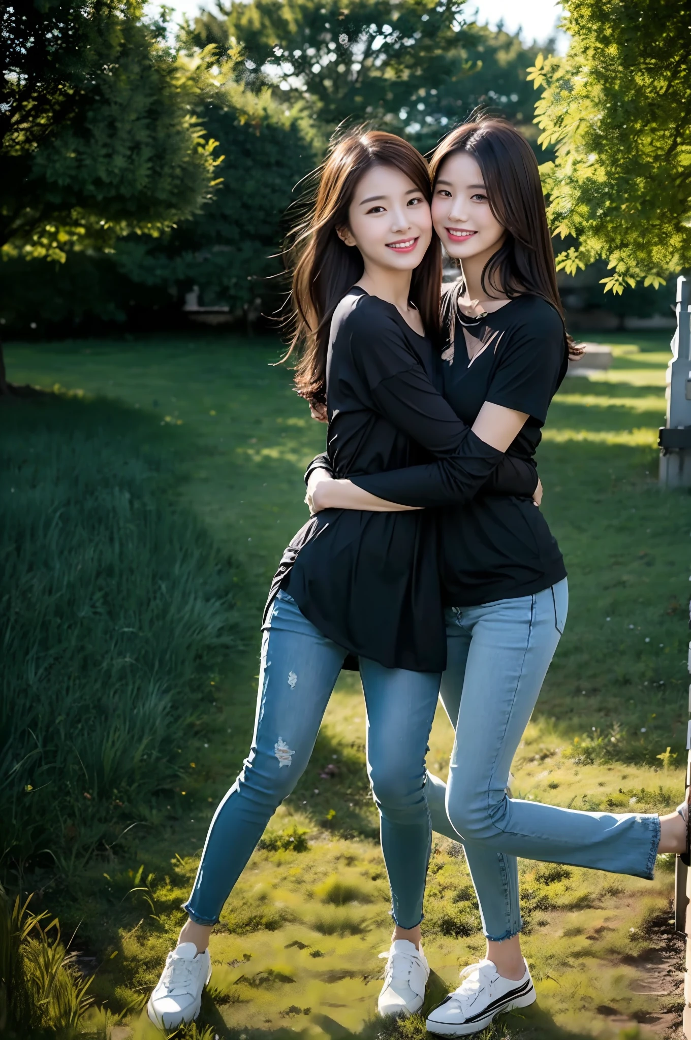 （RAW photogr，超高分辨率，tmasterpiece，best qualtiy：1.4），Complicated details，2 20 year old Korean girl，Wear a loose black T-shirt and skinny jeans，Stand on the grass and take pictures，hugs，Intimate relationships，Detailed meadow，A sweet smile on a small face，The face and skin are pink and fair，Ultra-realistic facial details，Playful and coquettish pose，The calves are straight and slender:1.5，Wear high-end branded colorful travel shoes:1.5，eventide，warm color，Broad lighting，naturalshadow，taking a full body photo:1.8