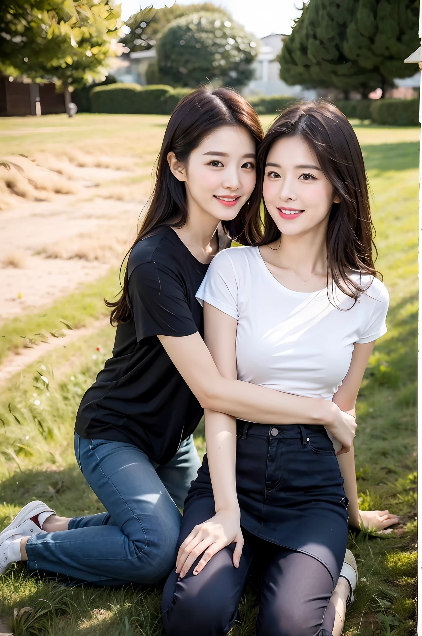 (RAW photogr,超高分辨率,tmasterpiece,best qualtiy:1.4),Complicated details,2 20 year old Korean girl,Wear a loose black T-shirt and skinny jeans,Stand on the grass and take pictures,hugs,Intimate relationships,Detailed meadow,A sweet smile on a small face,The face and skin are pink and fair,Ultra-realistic details,Playful and coquettish pose,The calves are straight and slender:1.5,Wear high-end branded colorful travel shoes:1.5,eventide,warm color,Broad lighting,naturalshadow,taking a full body photo:1.8