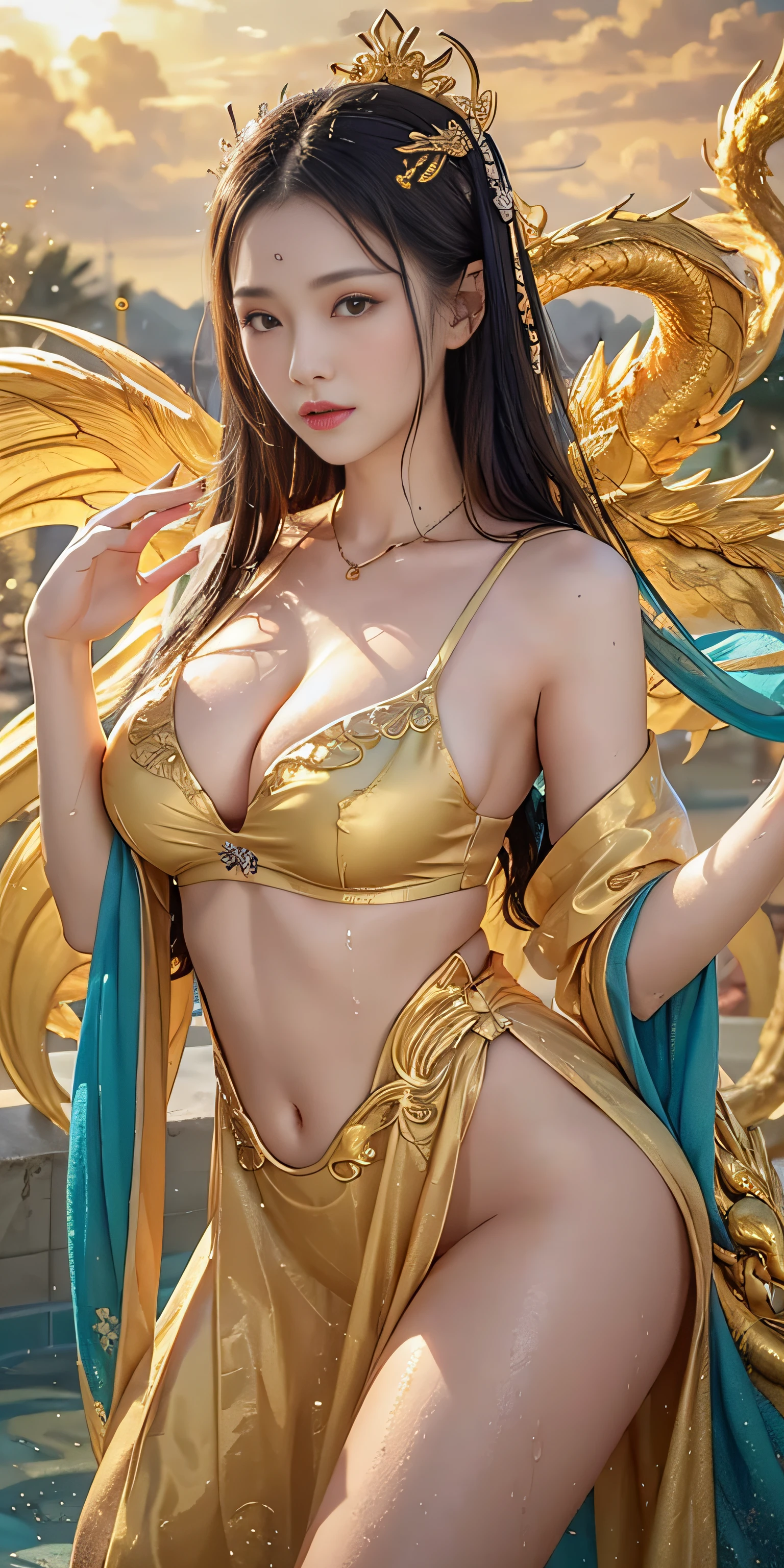 Beauty, sexy, bare breast, cleavage, bare legs, see-through, , Hanfu, wet, clear, realistic, highest detail, Chinese mythology, dragon pattern, phoenix, sacred, holy, countless palaces in the distance, clouds, golden light, golden lotus, huge pool (tianchi bathing), men peeping in the distance