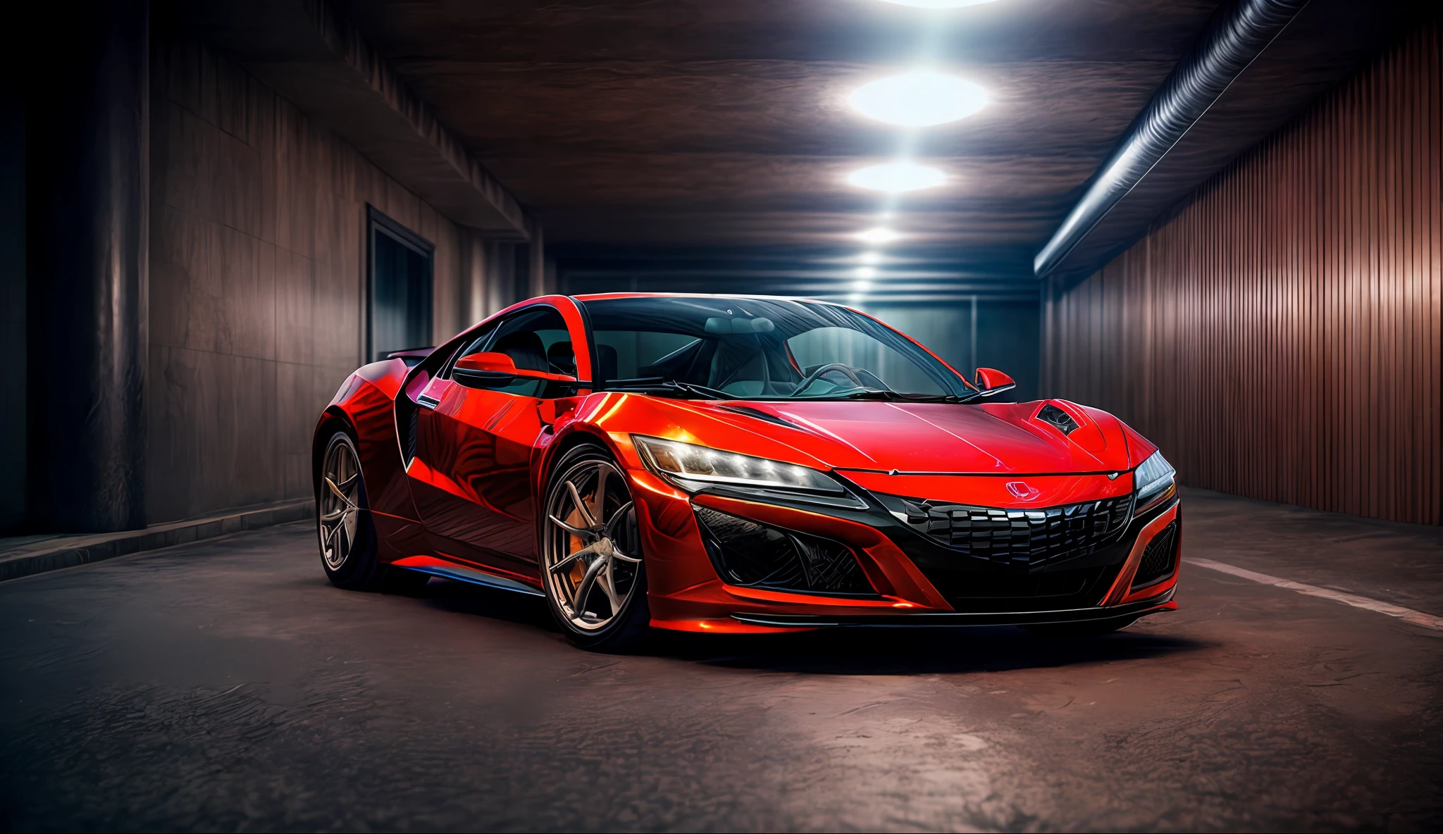 A picture of a 1992 red and black Acura NSX with a rocket bunny kit parked under a well lit parkade at night , shallow depth of field, cinematic light, soft light (RAW, analogue, Nikon Z 14mm ultra-wide angle lens, award-winning glamour photograph, ((best quality)), ((masterpiece)), ((realistic)), tessellation, ambient occlusion, ray-tracing, subsurface scattering, radiant light rays, high-res, detailed facial features, high detail, sharp focus, aesthetic, extremely detailed, extremely, octane render, photorealistic, realistic, post-processing, max detail, realistic shadows, roughness, real life, ultra-realistic, photorealism, photography, 8k UHD, photography, hdr, intricate, highly detailed, sharp focus, stunning, 8k, intricate, highly detailed, majestic, digital photography, (masterpiece, sidelighting, finely detailed, HDR, wide angle camera,