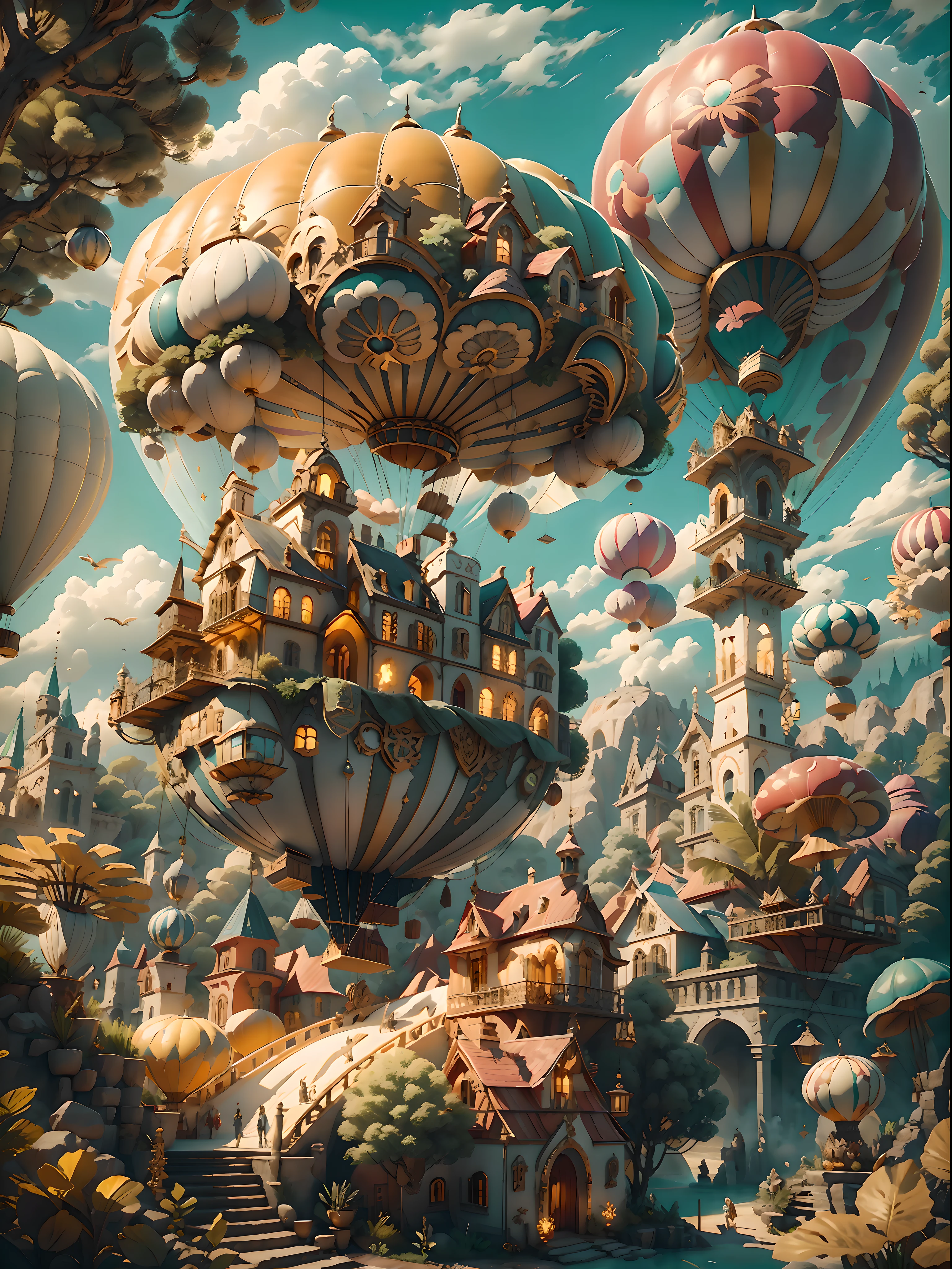 FairyTaleAI Airship, hot air balloon, Airship ZonaiIAI,, ao ar livre, nuvens,, obra-prima, trend, 8k, The scene includes magical forests filled with mushrooms and colorful creatures, and audio waves can be heard in the background. The image is rendered on a hot, estilo colorido com foco no contraste e textura, Branco Reflexivo Brilhante: 1.5, Textura Brilho Laranja: 1.3