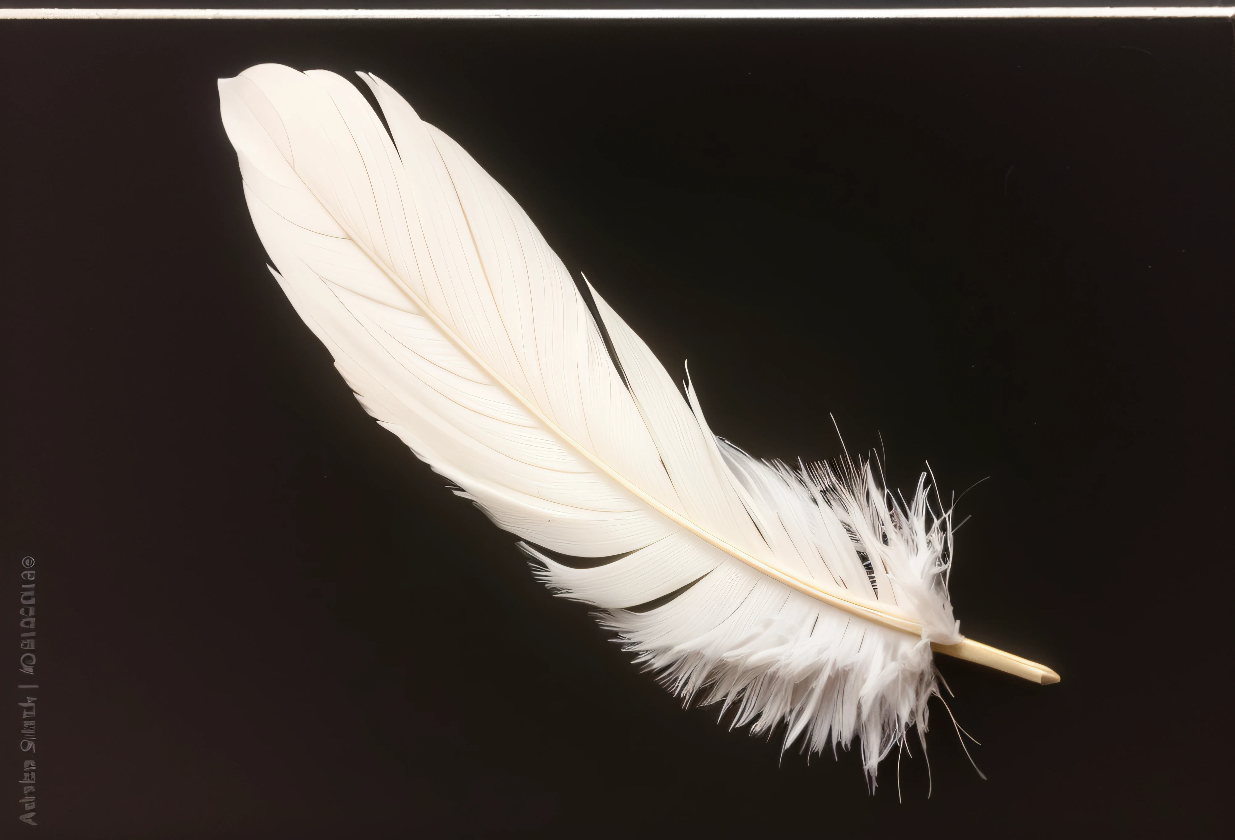 a single small white dove feather on black background