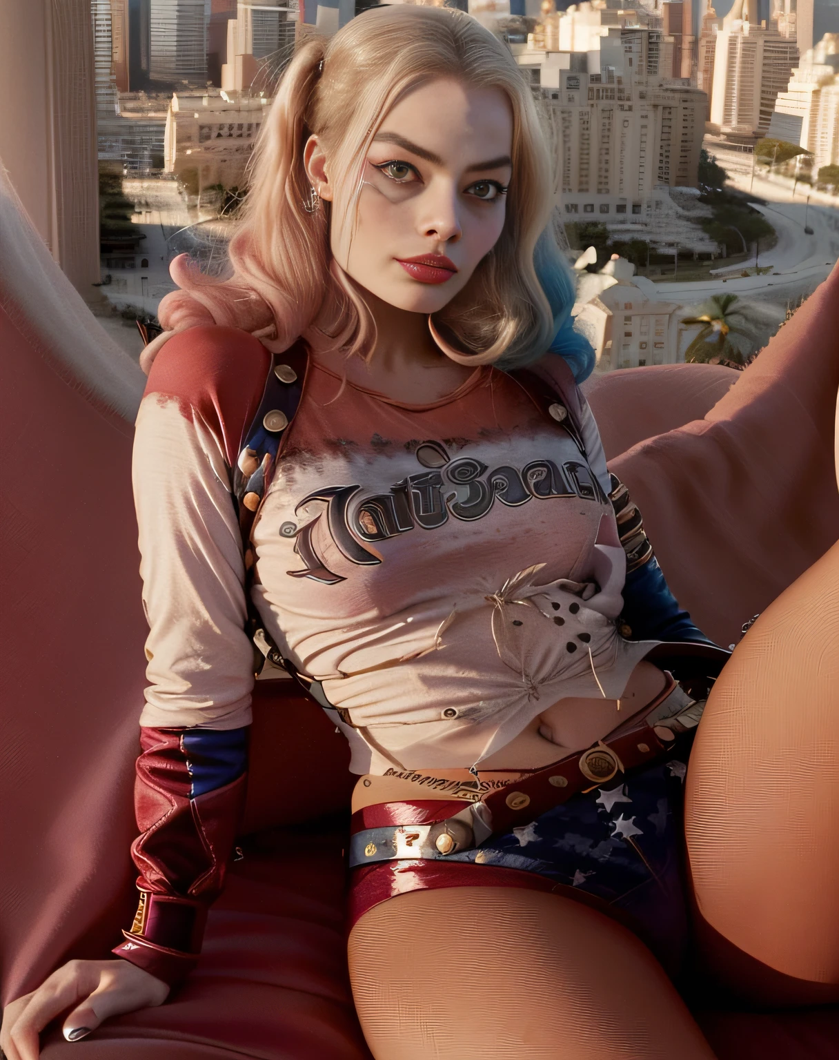 ((Margot Robbie muy linda se desnuda y camina a cuatro patas, y usa una micro cuerda extrema de seda blanca, en un hermoso parque)),