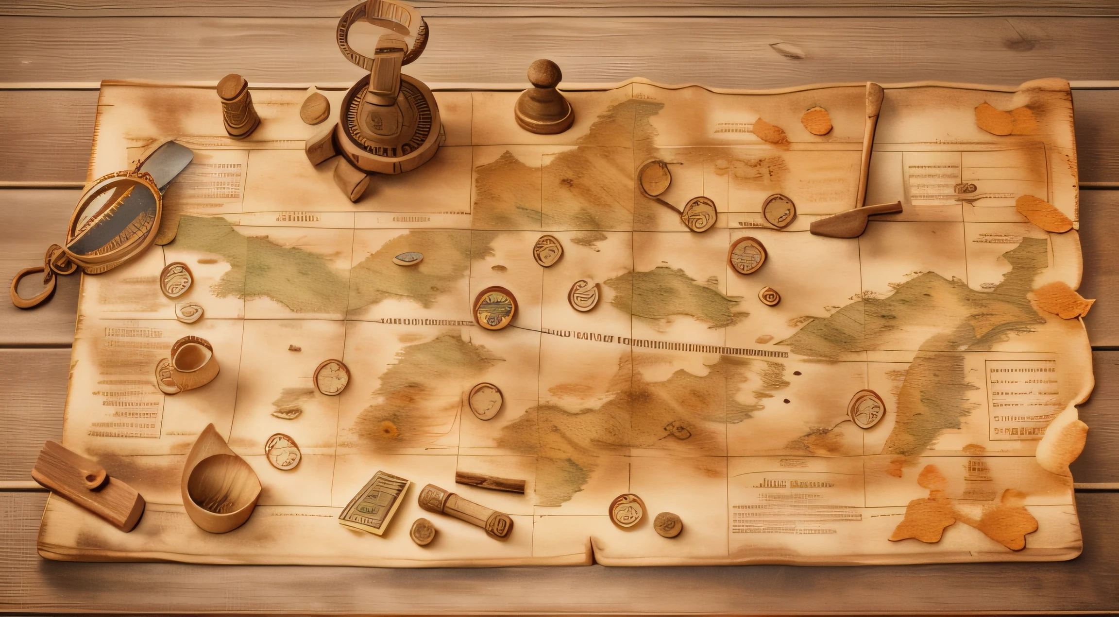 The weathered treasure map spread out on a table with faded symbols