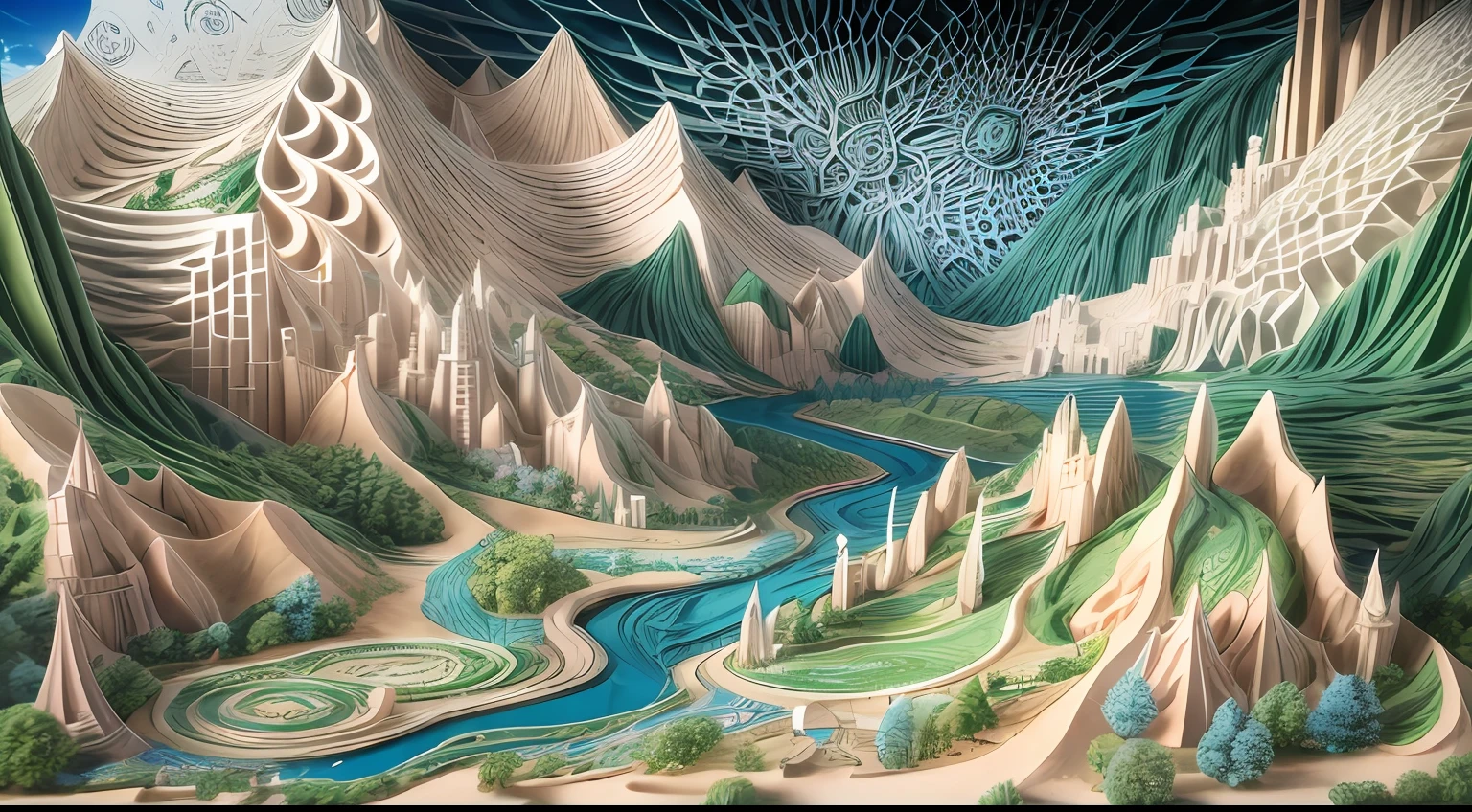 isometry,Sand table model,In the spring,with blue sky and white clouds,Green Mountains and Green Water,Thousands of miles of rivers and mountains,White background,paper art,a 3D render,extremely detaile, (zentangle:1.2), (geomerty:1.2),Cinematic lighting effects,4K,Masterpiece,offcial art