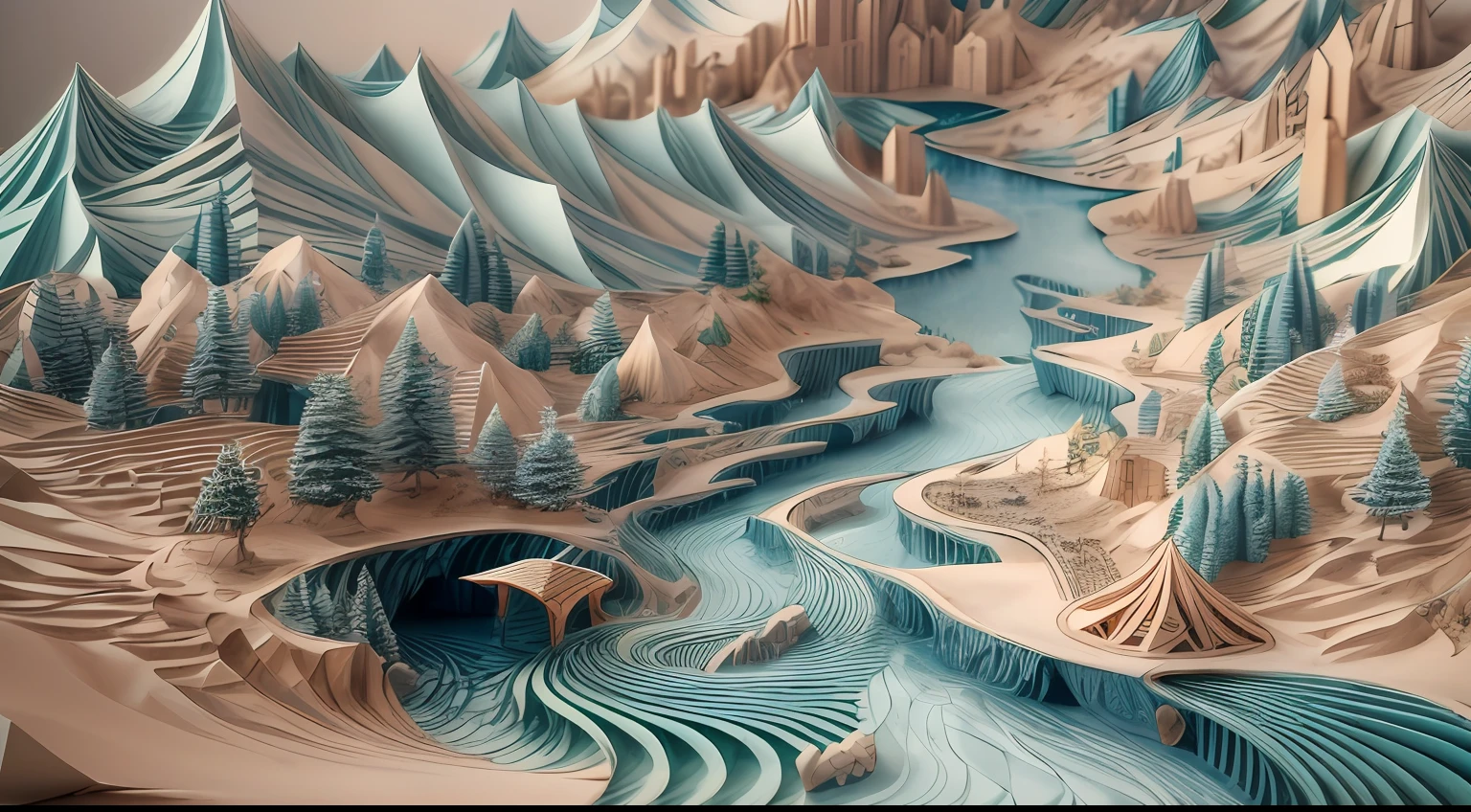 isometry，Sand table model，In the spring，with blue sky and white clouds，Green Mountains and Green Water，Thousands of miles of rivers and mountains，White background，paper art，a 3D render，extremely detaile, (zentangle:1.2), (geomerty:1.2)，Cinematic lighting effects，4K，Masterpiece，offcial art