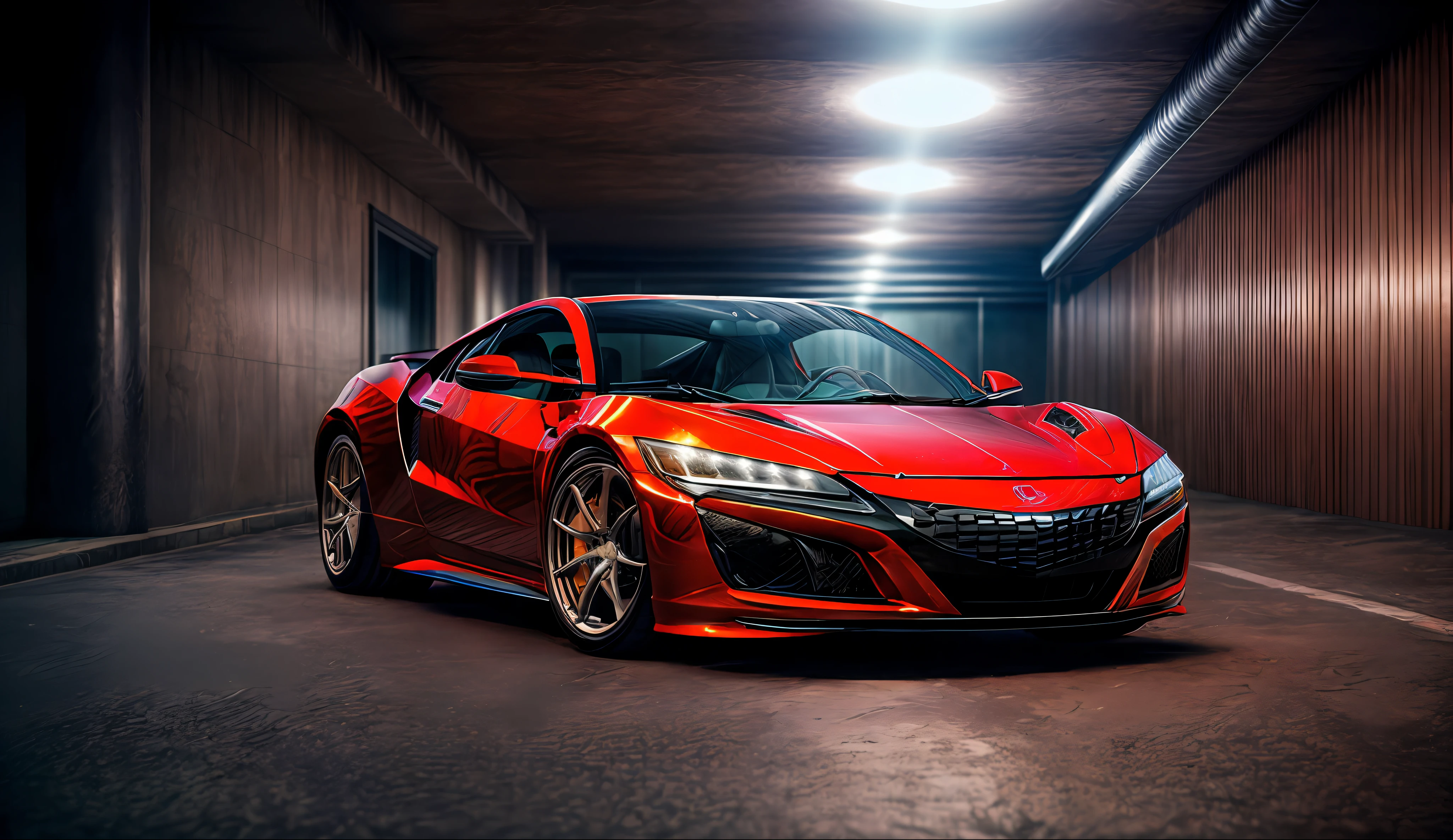 A picture of a 1992 red and black Acura NSX with a rocket bunny kit parked under a well lit parkade at night , shallow depth of field, cinematic light, soft light (RAW, analogue, Nikon Z 14mm ultra-wide angle lens, award-winning glamour photograph, ((best quality)), ((masterpiece)), ((realistic)), tessellation, ambient occlusion, ray-tracing, subsurface scattering, radiant light rays, high-res, detailed facial features, high detail, sharp focus, aesthetic, extremely detailed, extremely, octane render, photorealistic, realistic, post-processing, max detail, realistic shadows, roughness, real life, ultra-realistic, photorealism, photography, 8k UHD, photography, hdr, intricate, highly detailed, sharp focus, stunning, 8k, intricate, highly detailed, majestic, digital photography, (masterpiece, sidelighting, finely detailed, HDR, wide angle camera,