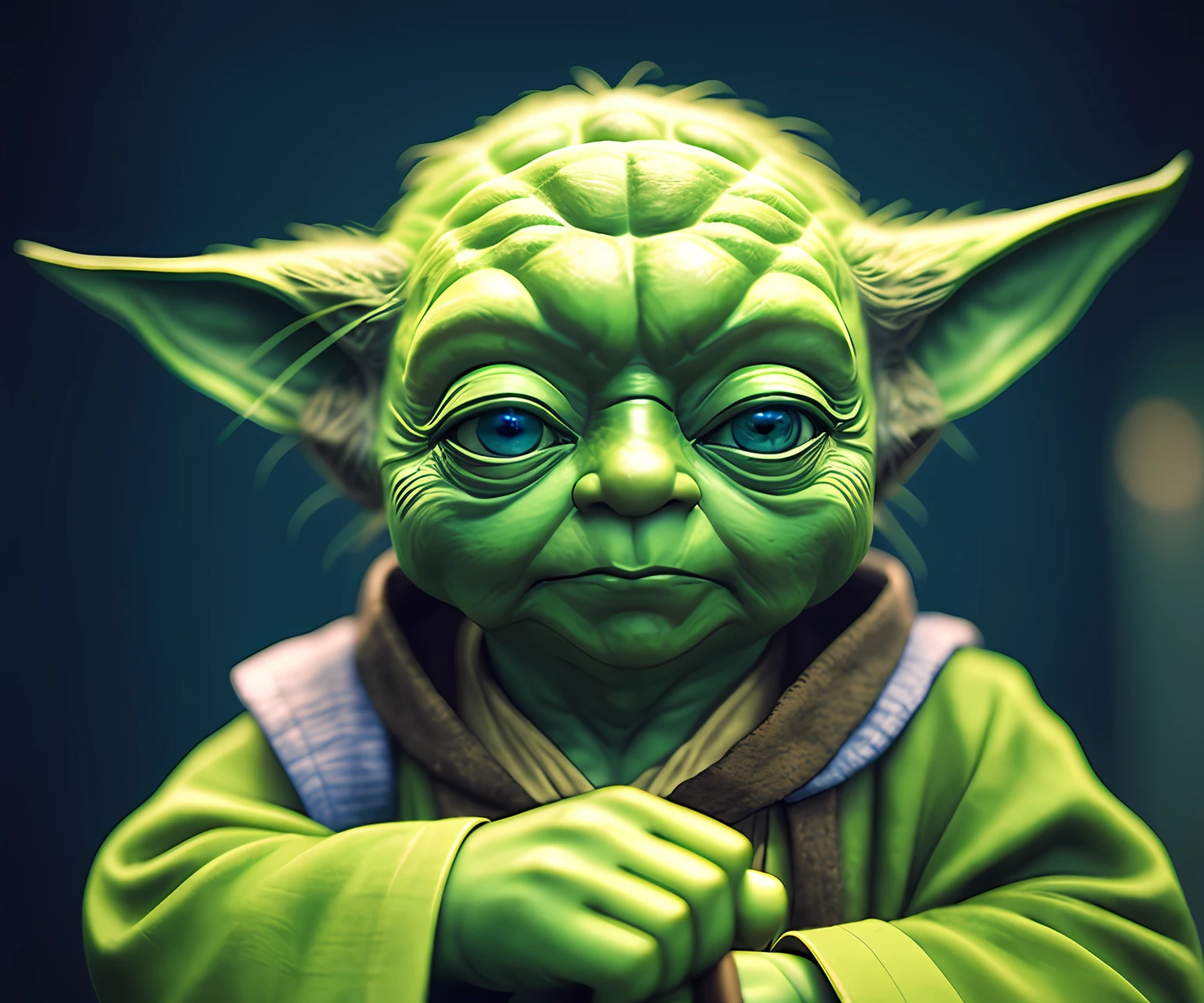 4k, a low Master Yoda with a cane, eye contact, focus, background indoors, precisionism,, ((((cinematic look)))), soothing tones, insane details, intricate details, hyperdetailed, low contrast, soft cinematic light, dim colors, exposure blend, hdr, faded, slate gray atmosphere