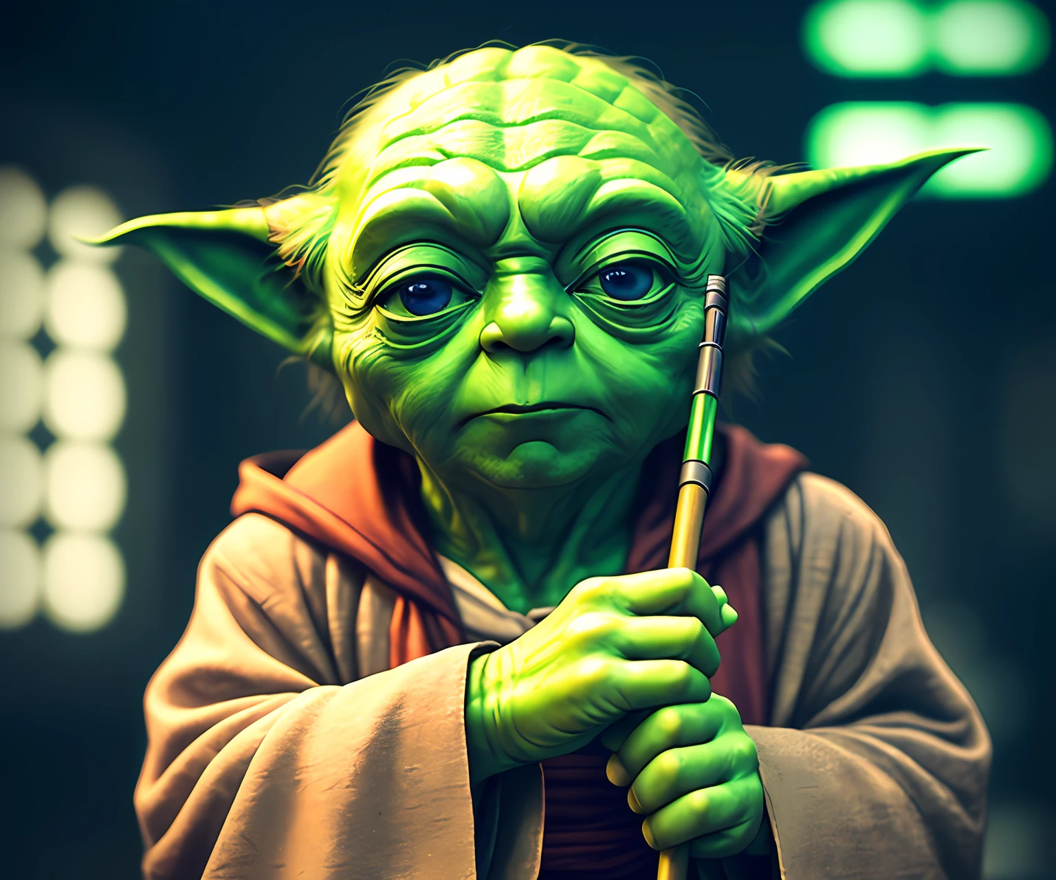 4k, a low Master Yoda with a cane, eye contact, focus, background indoors, precisionism,, ((((cinematic look)))), soothing tones, insane details, intricate details, hyperdetailed, low contrast, soft cinematic light, dim colors, exposure blend, hdr, faded, slate gray atmosphere