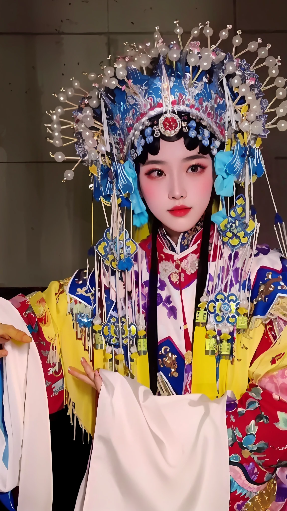 Close-up of a woman in a colorful dress and headdress, beijing opera, chinese empress, Chinese costume, Wearing ancient Chinese clothes, Chinese traditional, Traditional Chinese clothing, queen of the sea mu yanling, Inspired by Lan Ying, China Princess, Traditional beauty, ancient chinese beauti, a beautiful fantasy empress, Hanfu, Princesa chinesa antiga