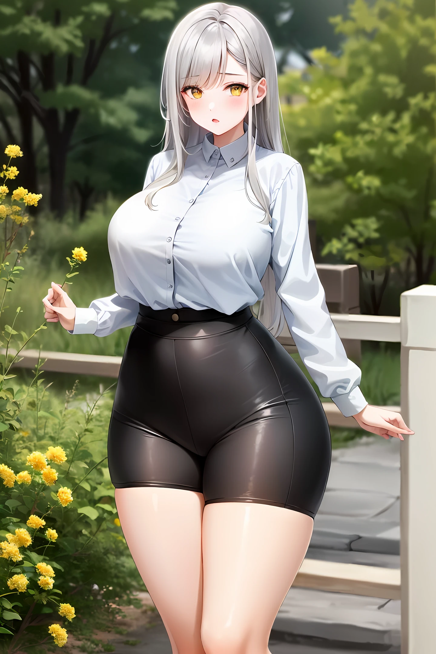 teens girl,frontage,slim,The upper part of the body,middlebreast,(plumw),Silvery hair,White color blouse,Earthy yellow eyes,By bangs.lowerbody,Giant buttocks,(Wide hips),black colored leggings