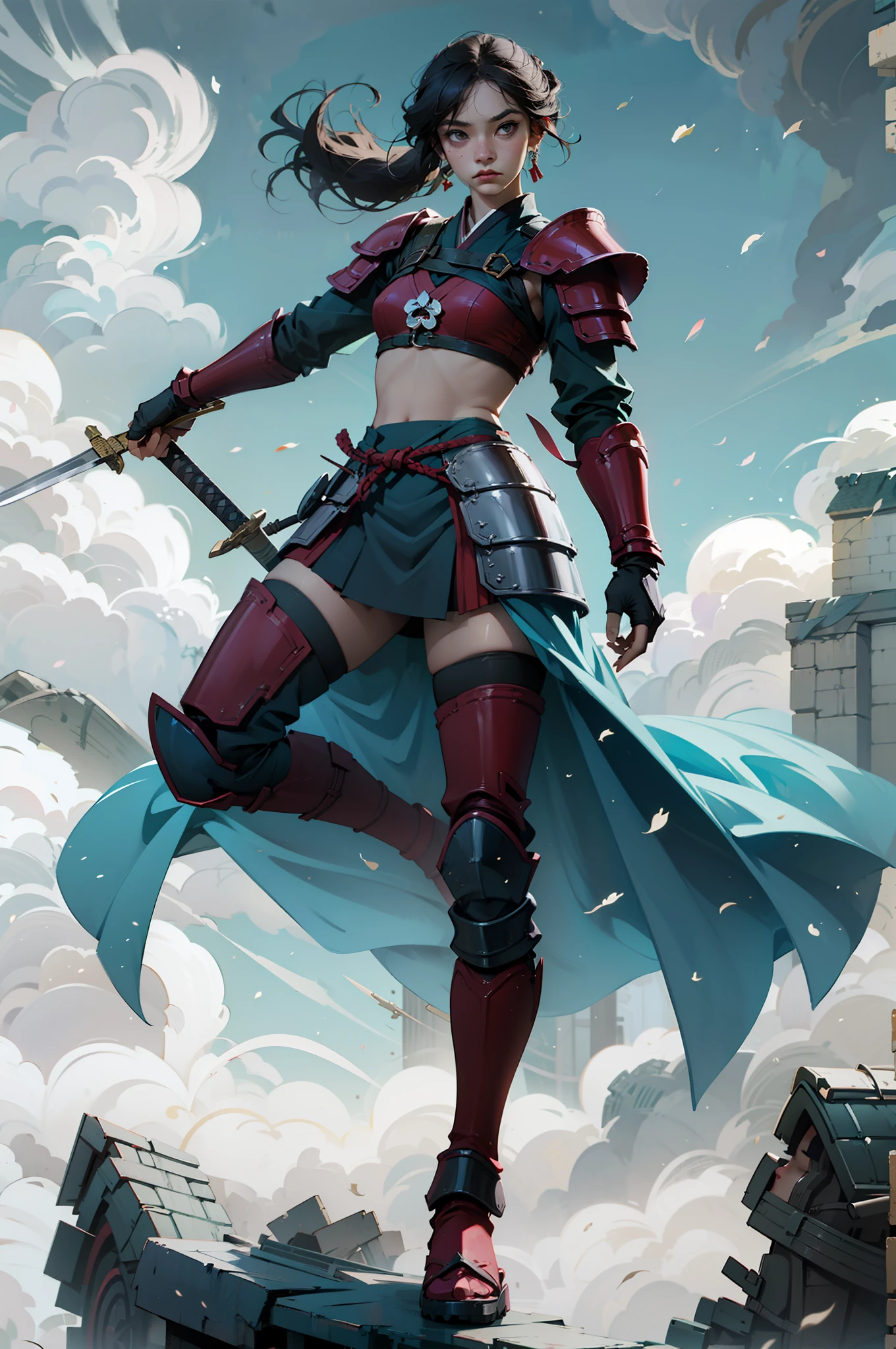 An ancient japanese female general with a sword in her hand, samurai , samurai girl, grim expression, full body, clear facial features, amazing facial features, red robe, armor, boots, game model, stunning lighting, C4D, OC rendering, movie edge light, delicate light, masterpiece, super detail, epic composition, super high-definition, high quality, highest quality, 32k