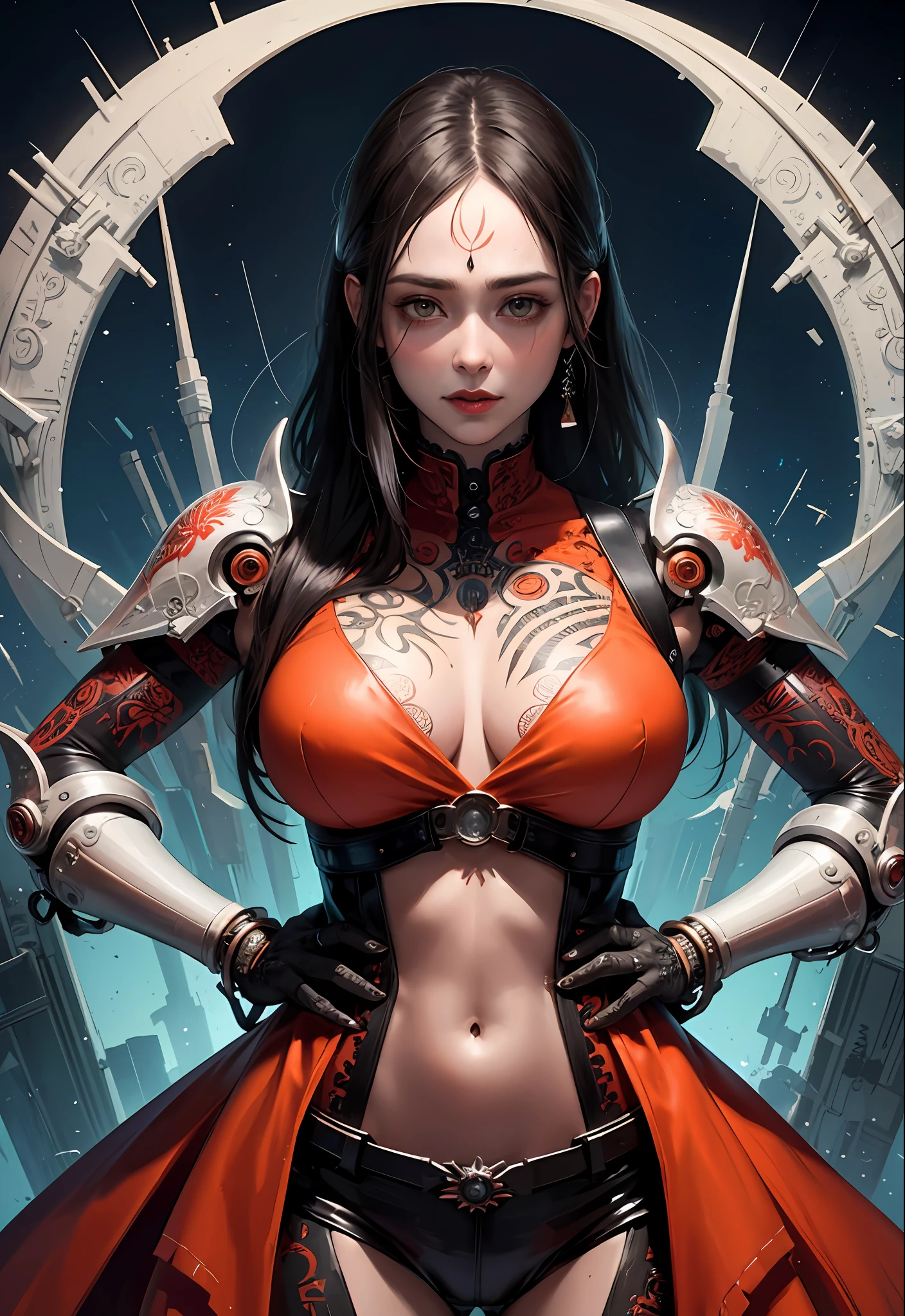 a close up symmetrical portrait of a cyberpunk gangster, biomechanical, mshn robot, splashes of orange red, hyper realistic, intricate design, (insanely detailed:1.4), (extremely fine details:1.35), Extremely sharp lines, steel, cinematic lighting, Photorealistic, a detailed painting by Ayami Kojima and Lilia Alvarado, (best quality, high quality, absurdres, intricate detail, masterpiece, cinematic), highly detailed, motion blur, film grain, noise, lens effects,
