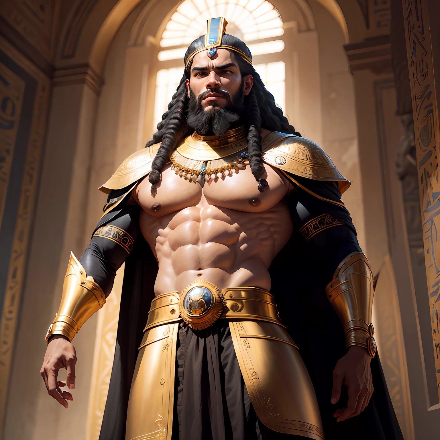Ramesses II is an imposing man, tall stature and athletic build. Su piel es de un tono dorado, highlighting his royal lineage and his connection to the gods. His face is elongated and symmetrical, con marcados rasgos egipcios, a firm jaw and broad forehead that denotes wisdom and leadership. Sus ojos, of a deep amber color, They radiate authority and enigmatic flashes of charisma. His gaze is penetrating and full of determination, showing his firmness and self-confidence.

Cabello y barba: Ramesses II wears a neat black mane, que cae en ondas hasta sus hombros. Su barba, also black and well trimmed, It adds a touch of majesty to your image. The hair and beard mark his face with elegance and denote his maturity as a leader and ruler. --auto
