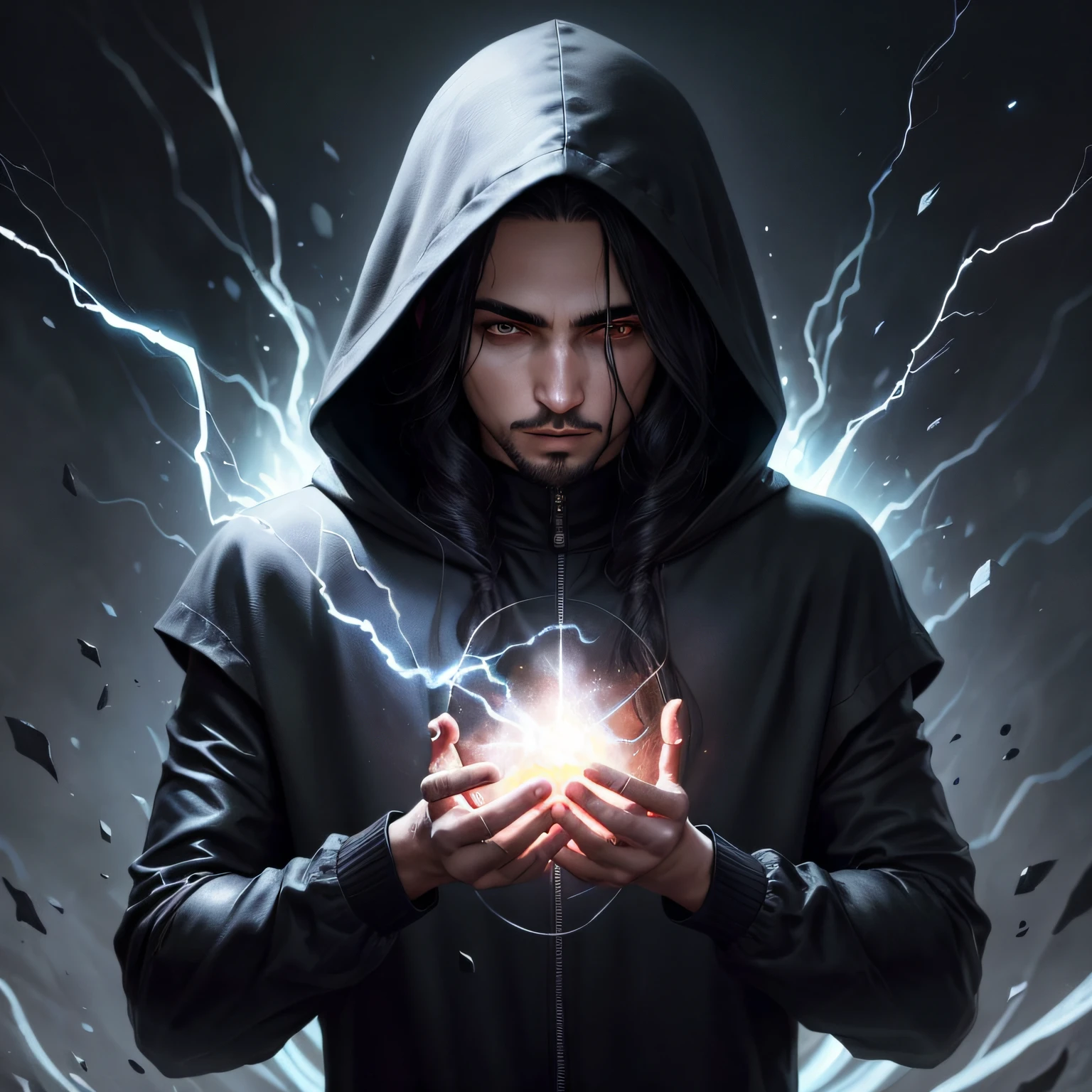 um close up de uma pessoa segurando uma bola com um raio saindo dela, an arcane wizard casting a spell, he is casting a lighting spell, com poderes de magia negra, spell casting, Neoartcore e Charlie Bowater, casting a powerful spell, spell casting wizard, com preto. magical powers, Guilherme H. Pongiluppi, Retrato de um Mago