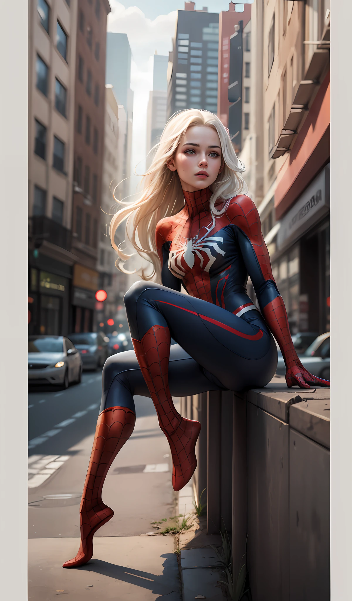 4k, realistic, carismatic, very detail, there is a girl on top city, wearing spiderman costum, she is a spiderman, white super hero theme, white long hair, 25 years old, full body