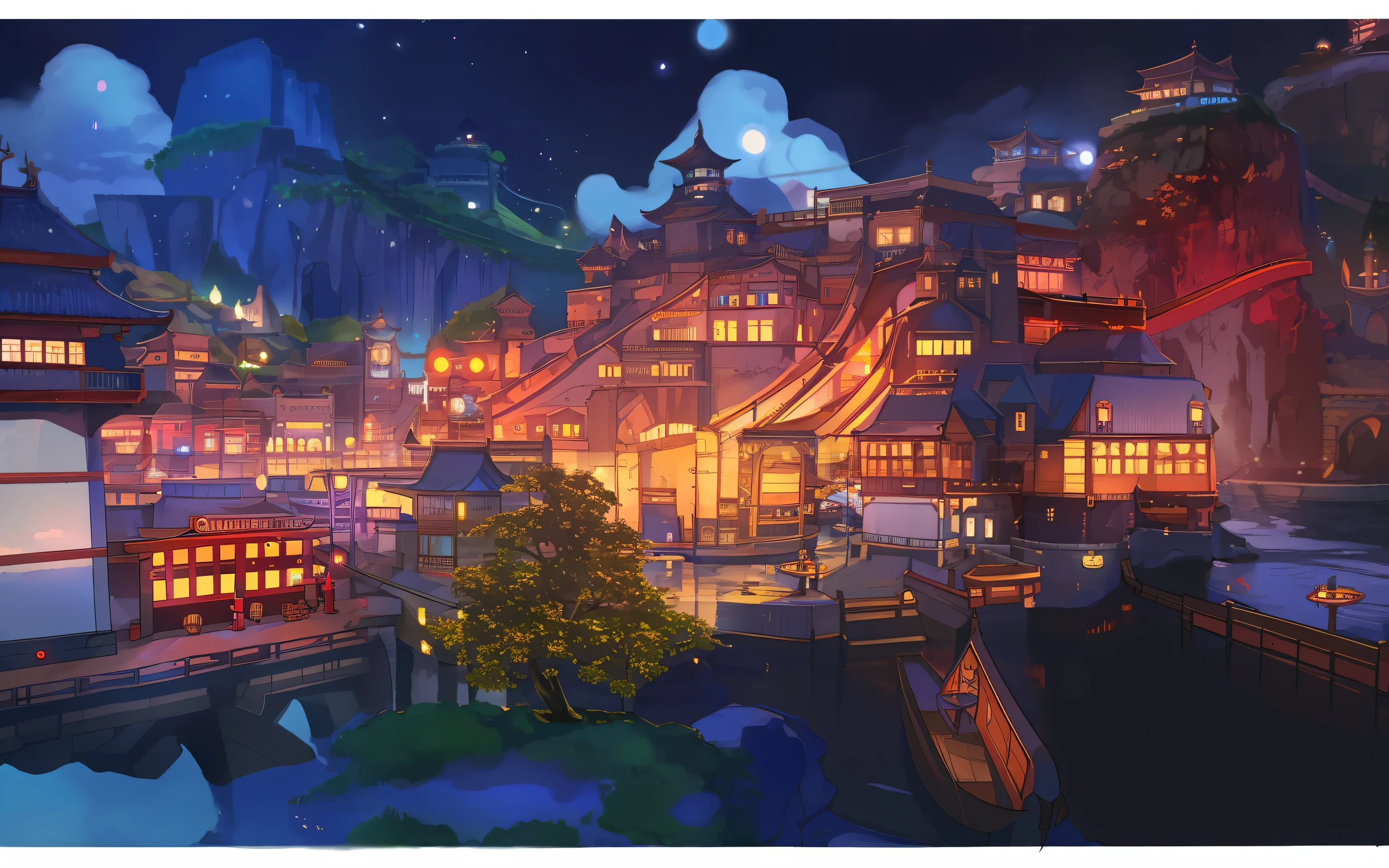 Close-up of a city with a bridge and a river, dreamy Chinese towns, colorful kitsune city, estilo fantasia，8 k ，arte de fundo, nightime village background, Stylized concept art, colorful anime movie background, Onmyoji detailed art, town background, Cliffside town, background artwork