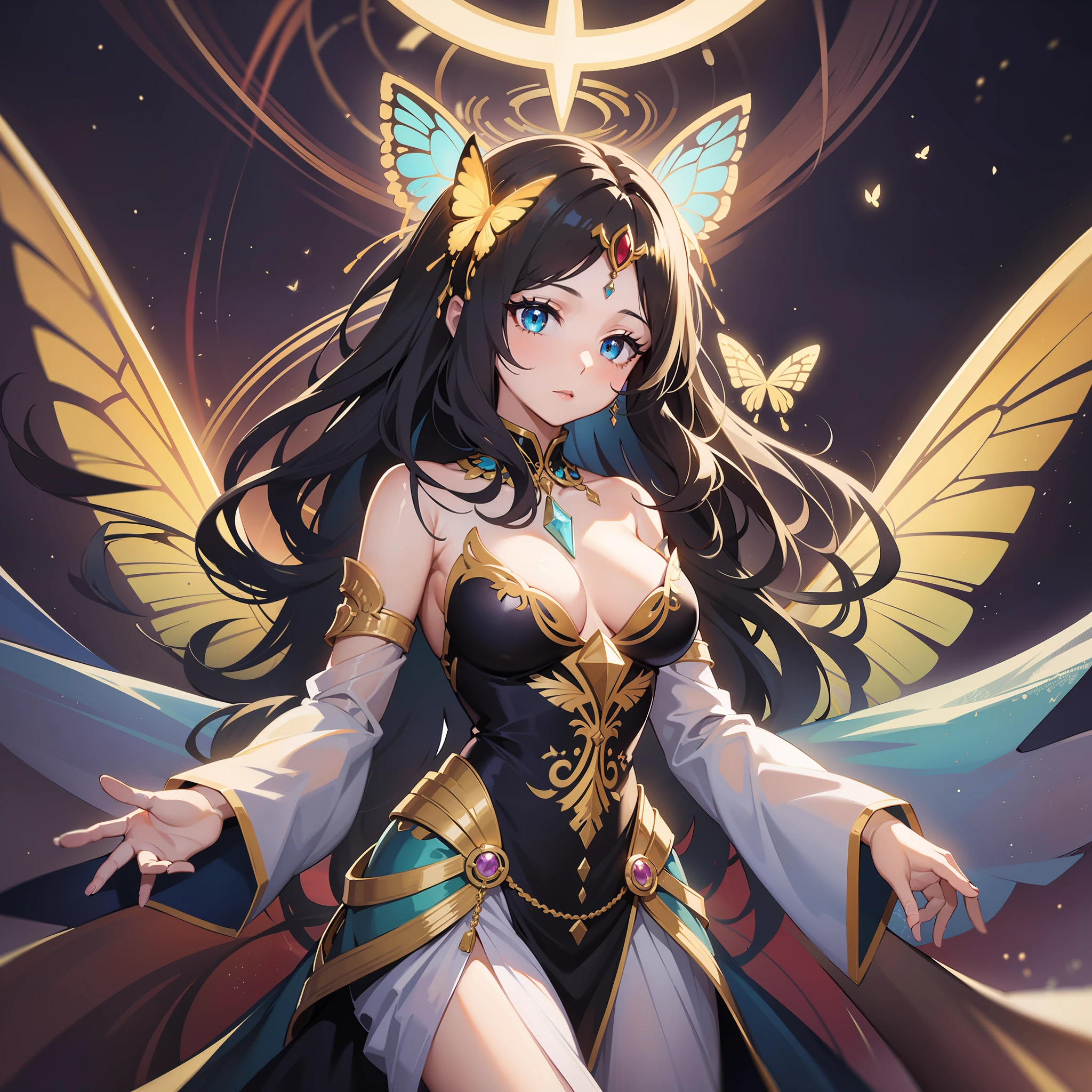 a girl, Empress of Light, Terraria, Majestic, Radiant, Graceful, Ethereal, Butterfly-like, Luminescent Wings, Glowing Patterns, Divine Dress, Halo, Regal Presence, Captivating Eyes, Hallowed Background, Beauty, Elegance, Power, Mesmerizing, Otherworldly, Mythical, Enchanting.