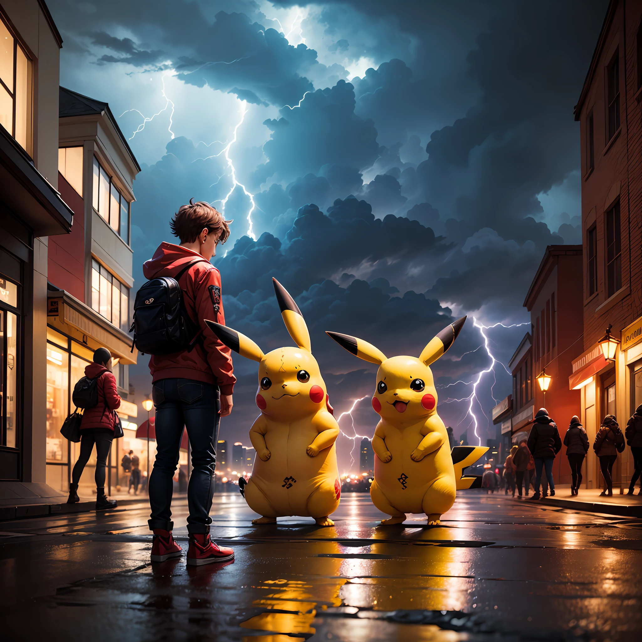 Pikachu，combats，Lightning storm，Blood，down town，nigth， --auto