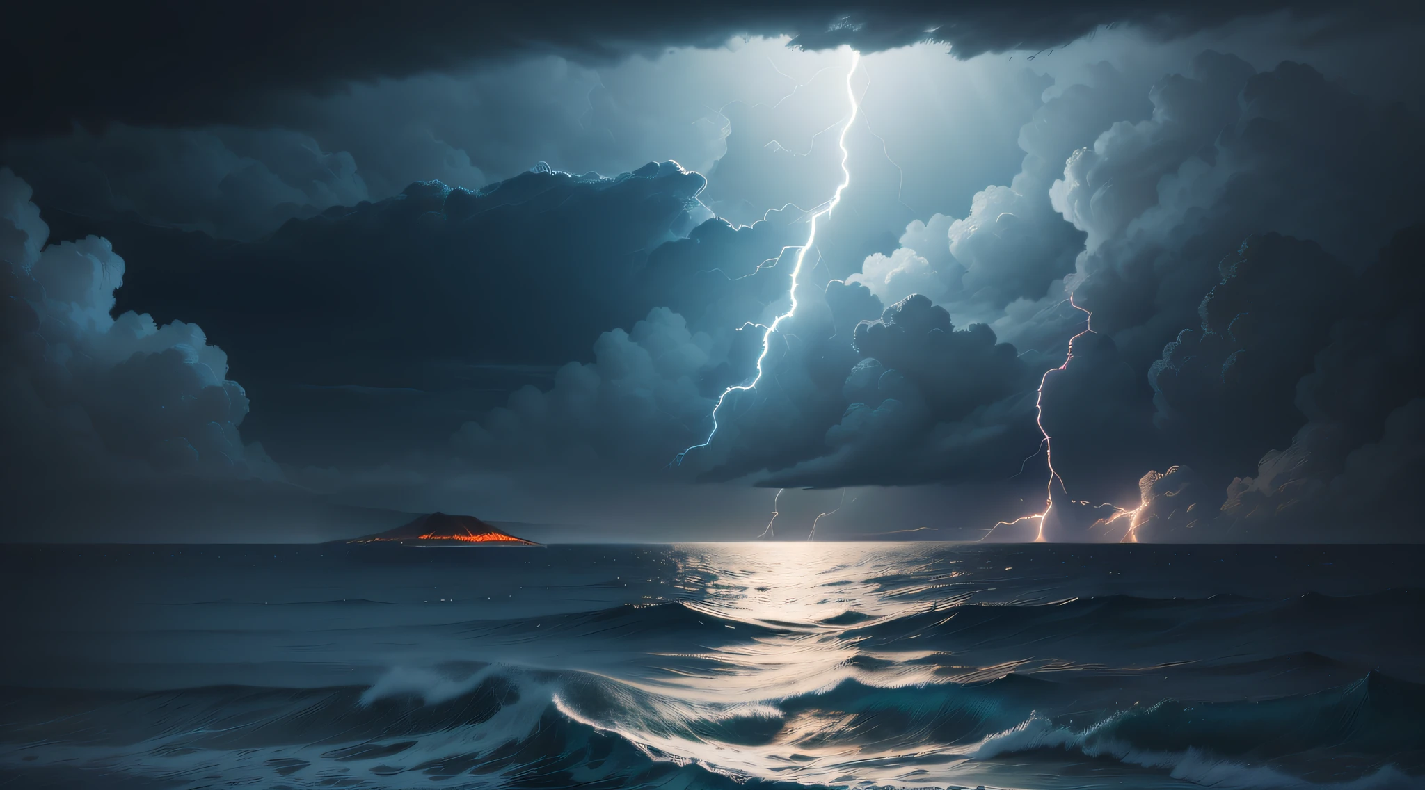 Create a volcanic island in the scenery, bem na linha do horizonte, with an erupting volcano.
