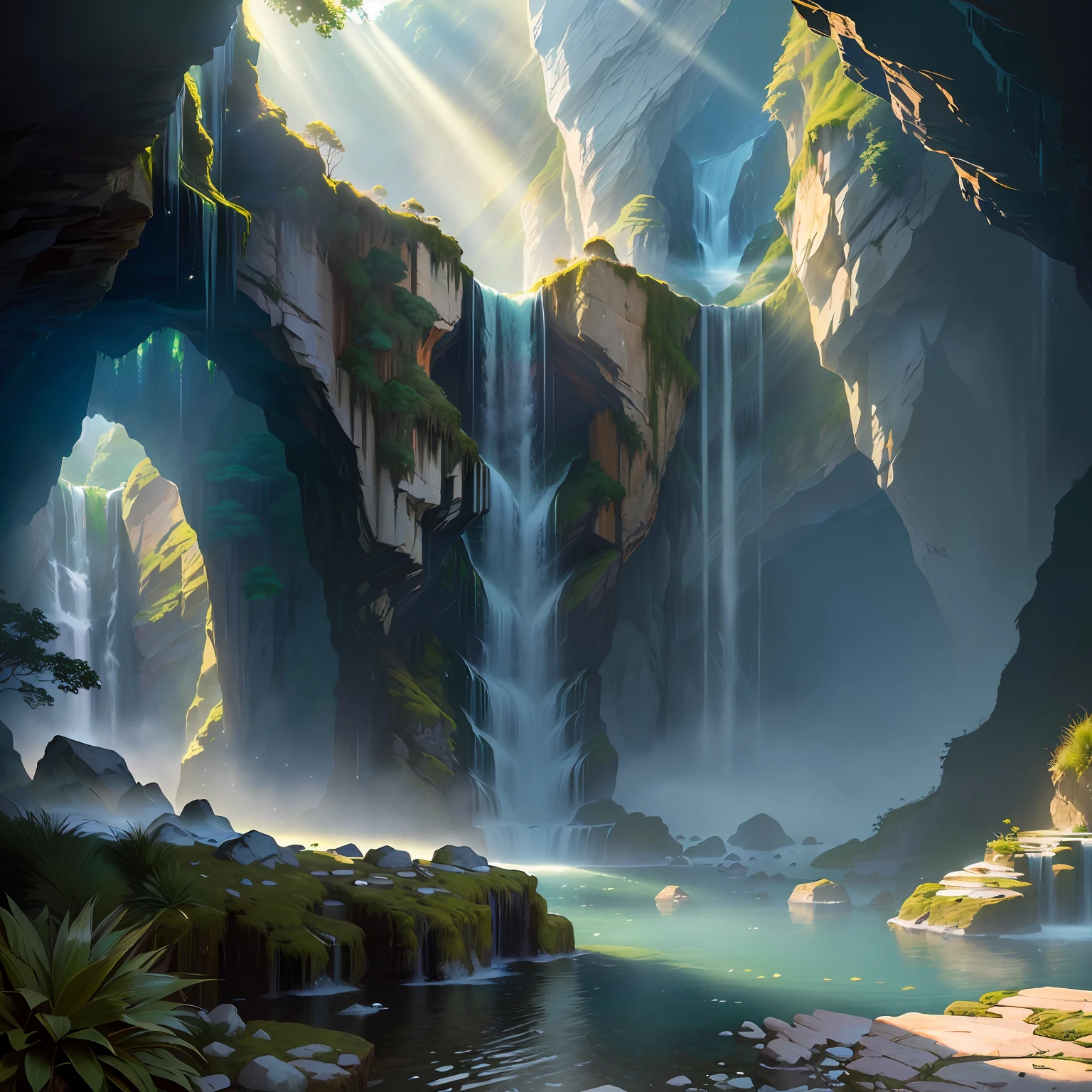 ((best quality)), ((masterpiece)),(realistic), (detailed)(Wide-angle view), (serene),(tranquil), open cave , (sparkling, crystal-clear) water falling from a (tall, jagged) waterfall, Natural, Scenic, Refreshing, Calming, Mystical, Magical, (harmonious, earthy color palette),  (smooth, curved lines), (moss-covered rocks), (soft, natural carpet), (sunlight filtering through), (god rays), (sparkling patterns on the cave walls), (majestic and powerful waterfall), (misty atmosphere), detailed background, (lush, green foliage), (birds and insects), morning, Realistic, detailed, (texture and natural beauty), depth and perspective,  insanely detailed,  , ((masterpiece)), absurdres, HDR,