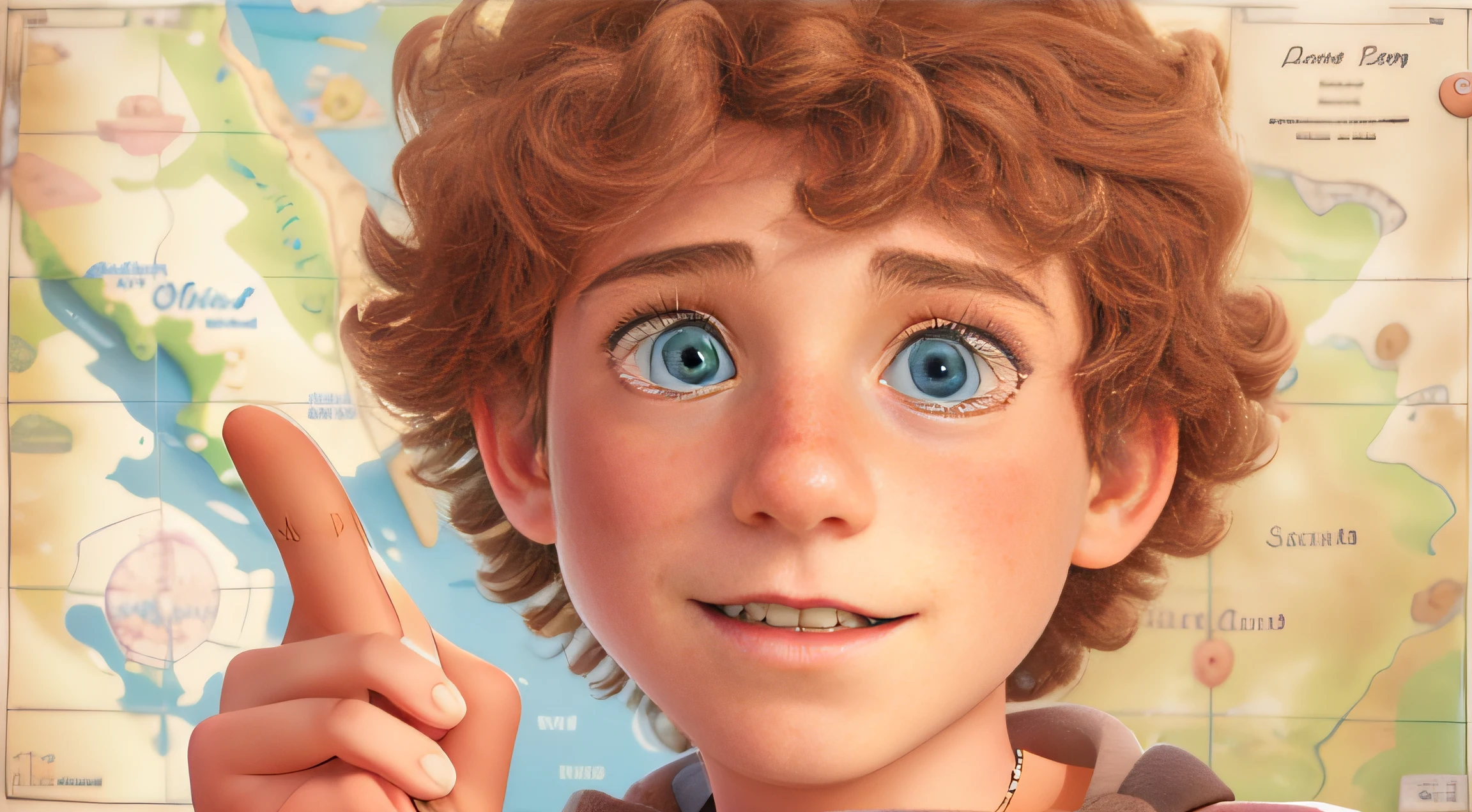 Alija Rúnar, a -yeld boith ocean blue eyes, curly sandy-brown hair, and a face adorned with cute freckles, pointing at the map, his eyes filled with wonder, white plain background.