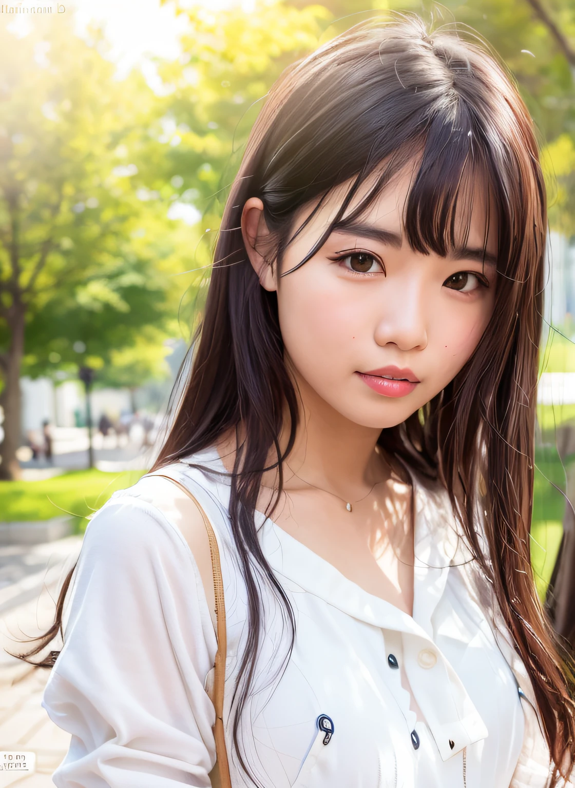 Smiled face、White clothes、A dark-haired、a park