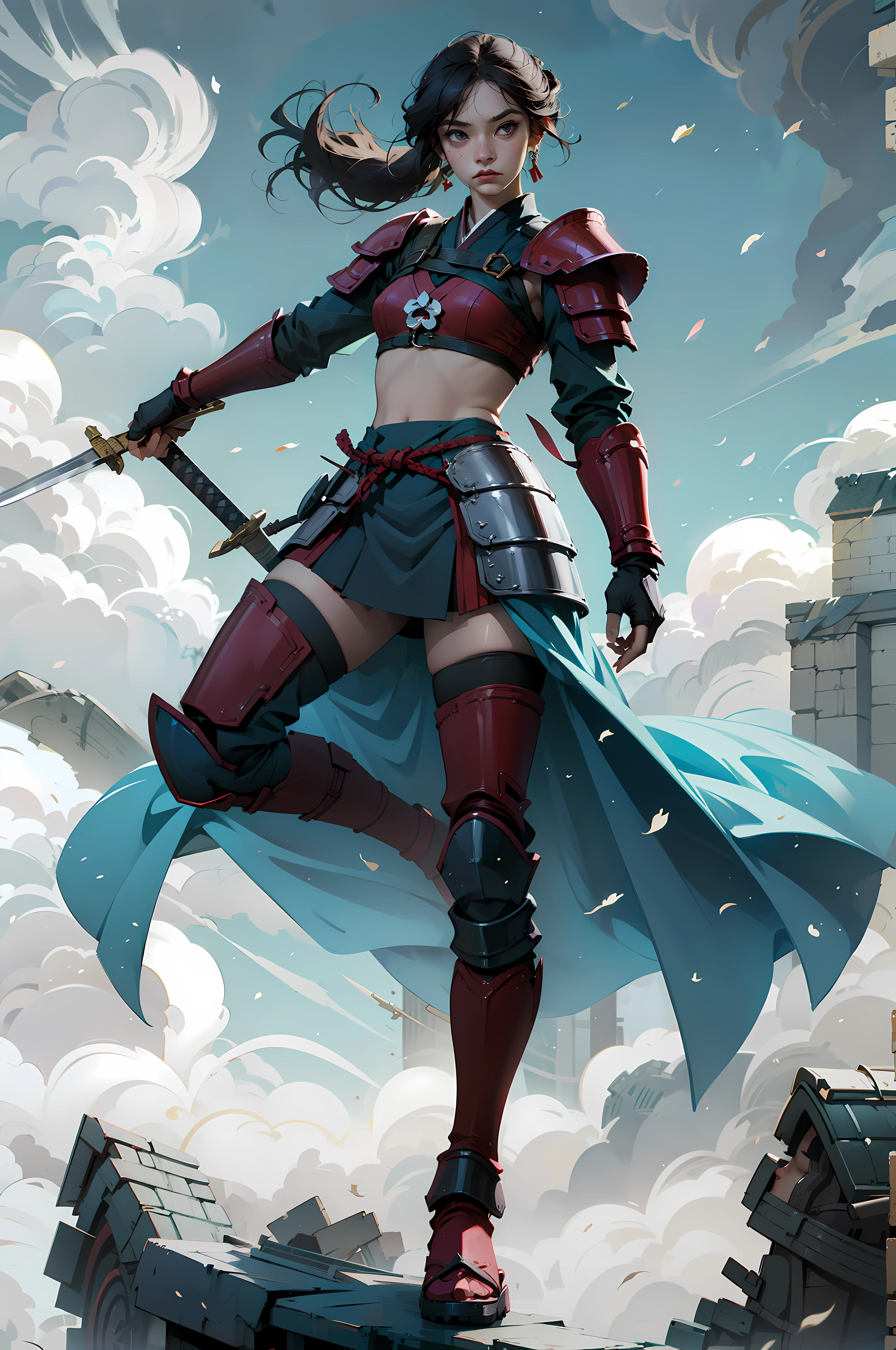 An ancient japanese female general with a sword in her hand, samurai , samurai girl, grim expression, full body, clear facial features, amazing facial features, red robe, armor, boots, game model, stunning lighting, C4D, OC rendering, movie edge light, delicate light, masterpiece, super detail, epic composition, super high-definition, high quality, highest quality, 32k