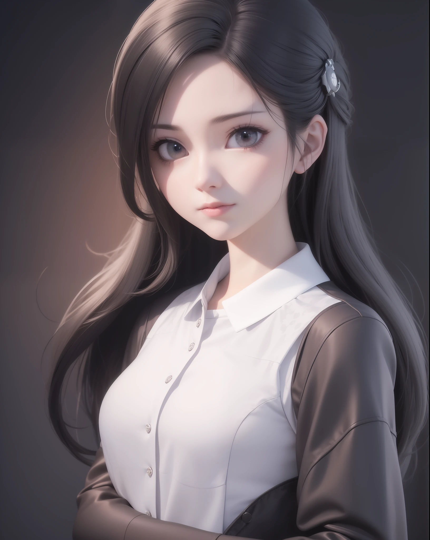 Anime girl poses for photo with long hair and white shirt, Smooth anime CG art, Guviz-style artwork, Realistic anime 3 D style, Kawaii realistic portrait, realistic anime artstyle, portrait anime girl, made with anime painter studio, detailed portrait of an anime girl, anime realism style, anime styled 3d, photorealistic anime girl rendering